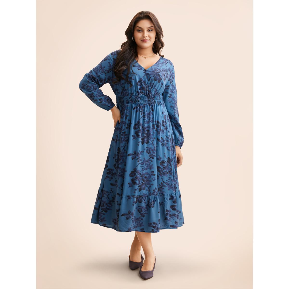 Plus Size Floral Wrap Lantern Sleeve Pocket Shirred Ruffle Hem Dress Indigo Women Elegant Pocket V-neck Long Sleeve Curvy Midi Dress BloomChic 28/5X Product Image