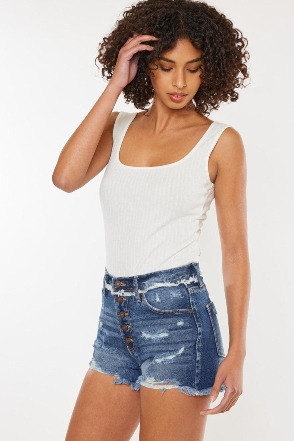 Kancan Dark Wash Distressed Button Fly Denim Shorts Product Image