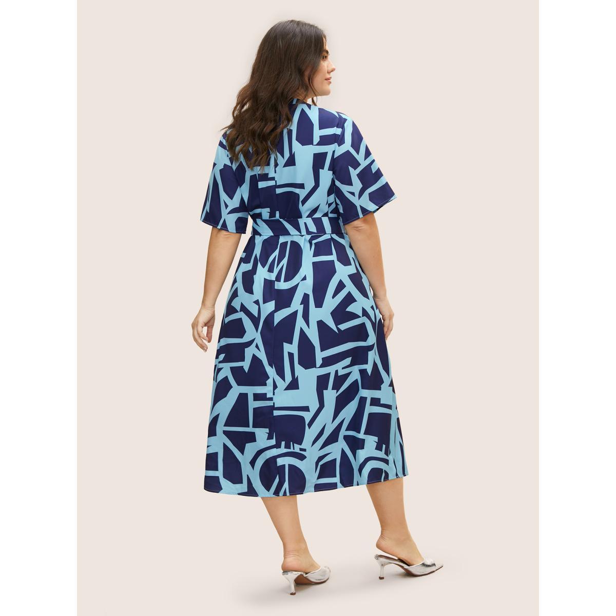 Plus Size Geometric Notched Belted Pocket Midi Dress Navy Women At the Office Belted Flat collar with V-notch Short sleeve Curvy BloomChic 14-16/1X Product Image