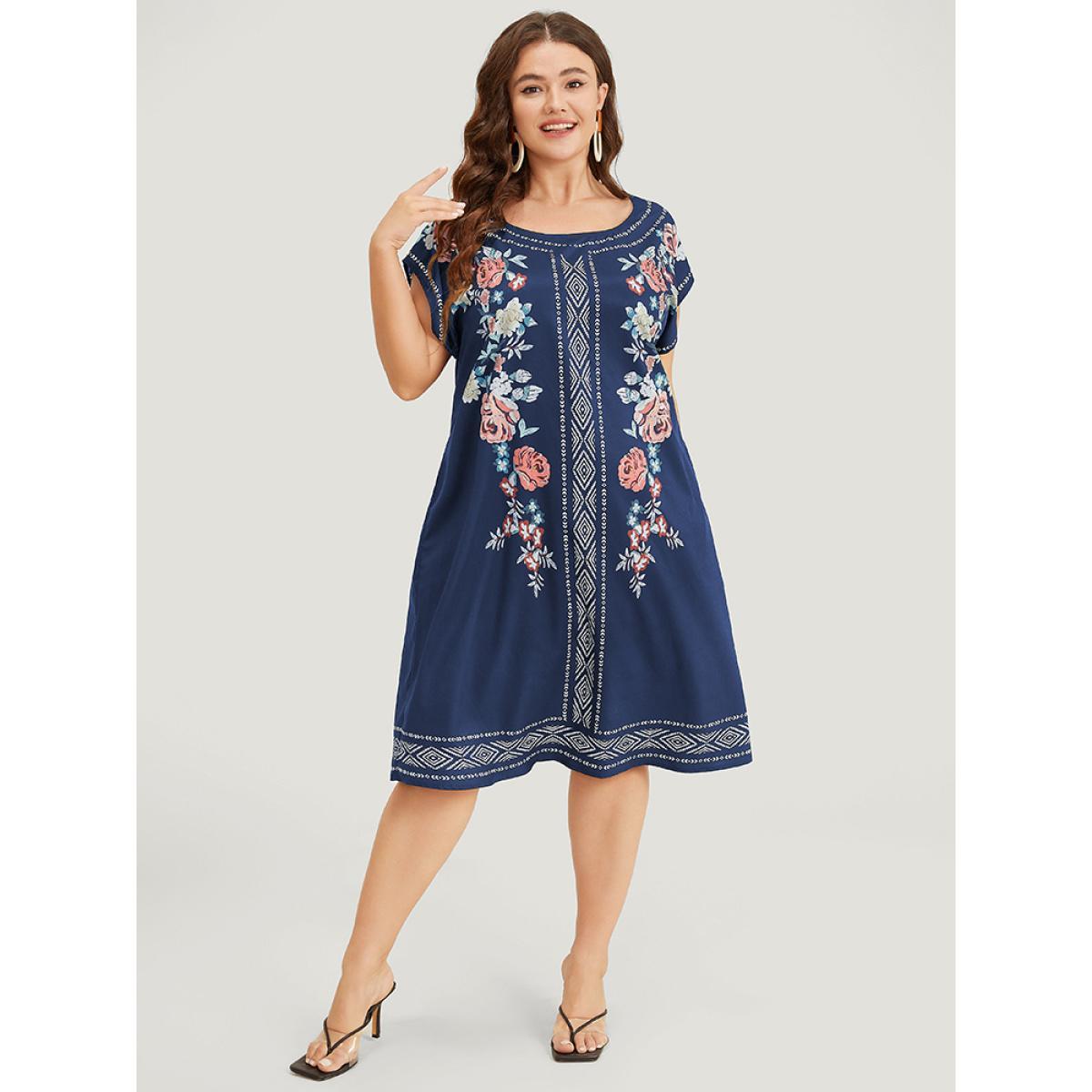 Plus Size Bandana Pocket Round Neck Batwing Sleeve Dress DarkBlue Women Vacation Printed Round Neck Cap Sleeve Curvy Knee Dress BloomChic 30/6X Product Image