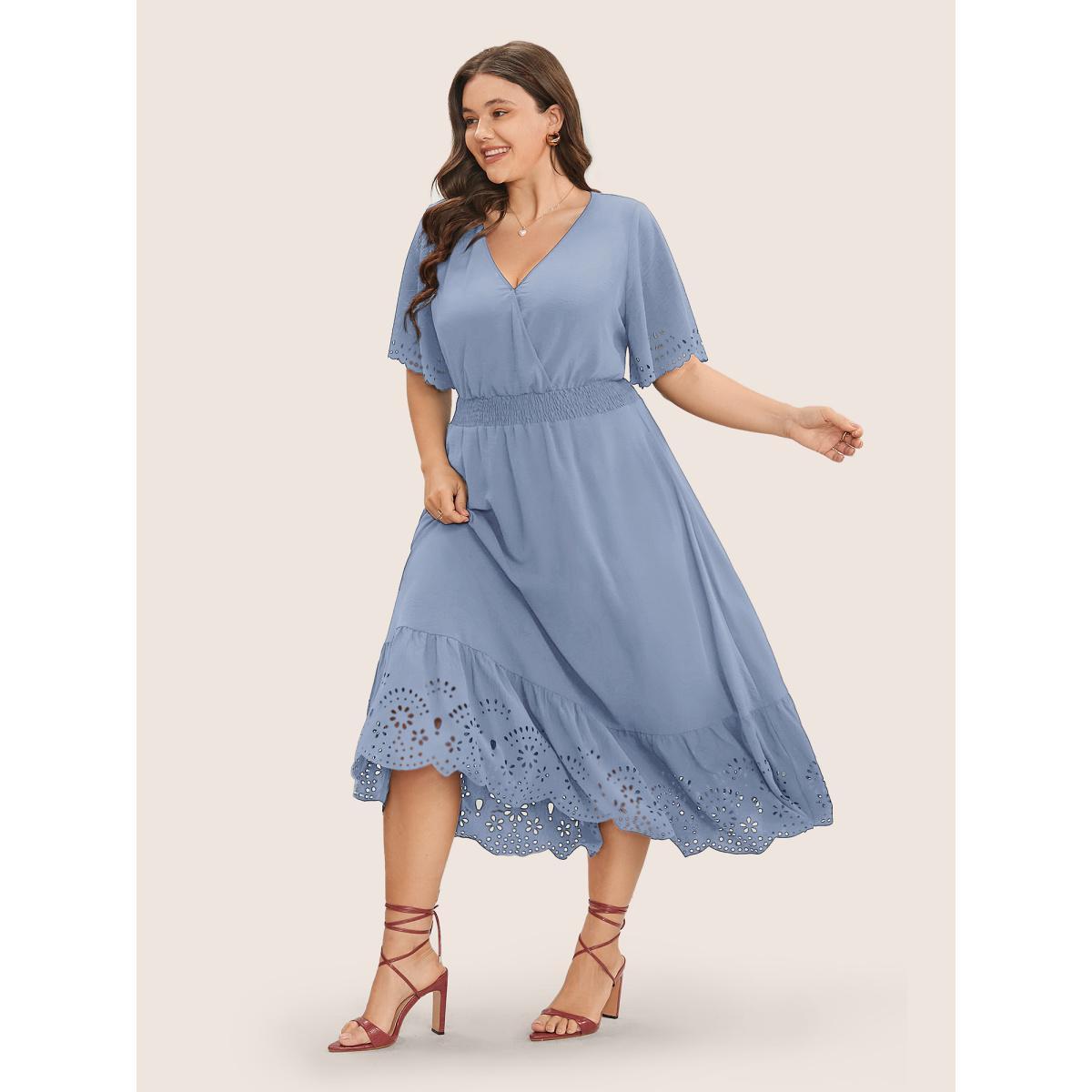 Plus Size Solid Laser Cut Shirred Pocket Wrap Scalloped Trim Flutter Dress LightBlue Women Elegant Non V-neck Short sleeve Curvy Midi Dress BloomChic 14-16/1X Product Image