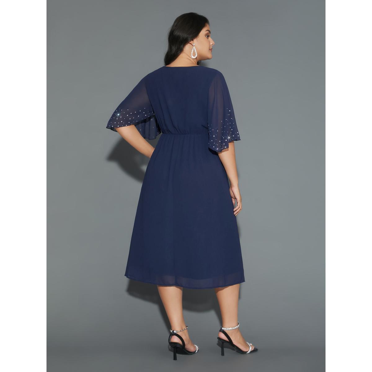 Plus Size Rhinestone Elastic Waist Ruffle Sleeve Dress Navy Women Cocktail Rhinestone detailing Party Curvy Bloomchic 14-16/1X Product Image