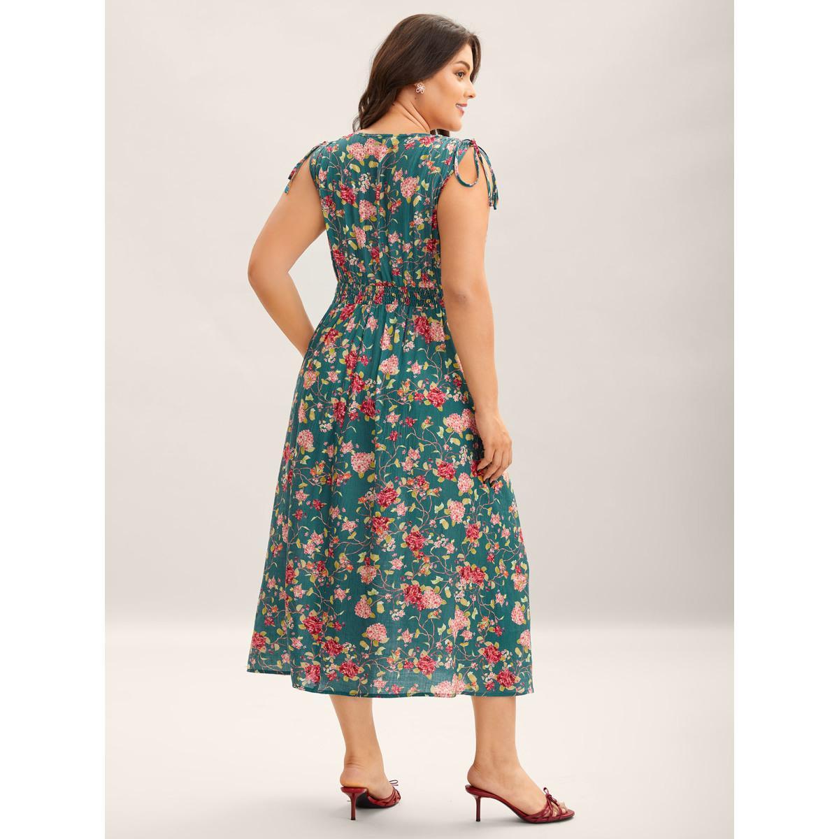 Plus Size Floral Print Shoulder Tie Pockets Midi Dress Cerulean Women Overlap Collar Sleeveless Curvy BloomChic 10/M Product Image