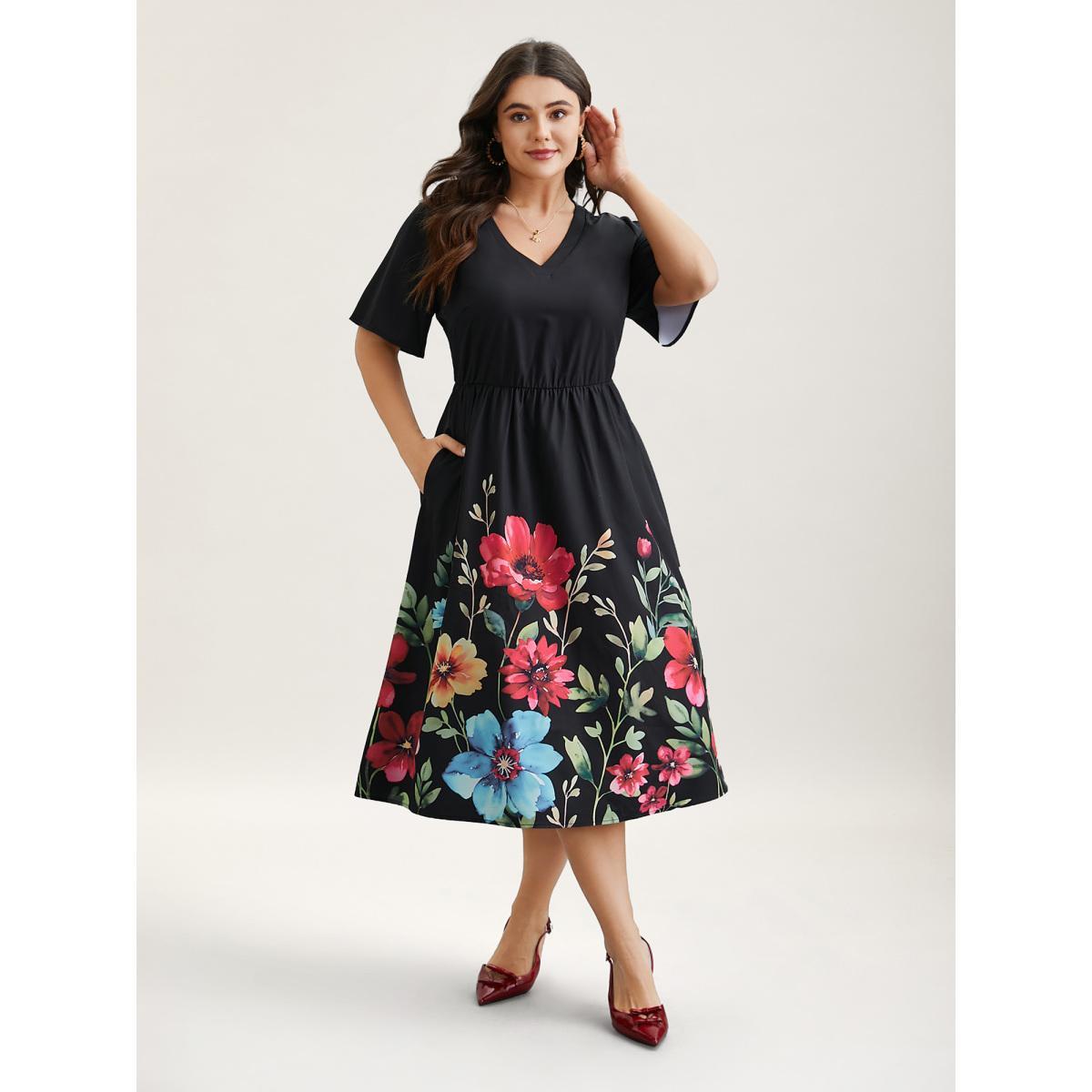 Plus Size Floral Print V-Neck Half-Sleeve Midi Dress Black Women Elegant Non V-neck Short sleeve Curvy BloomChic 30/6X Product Image