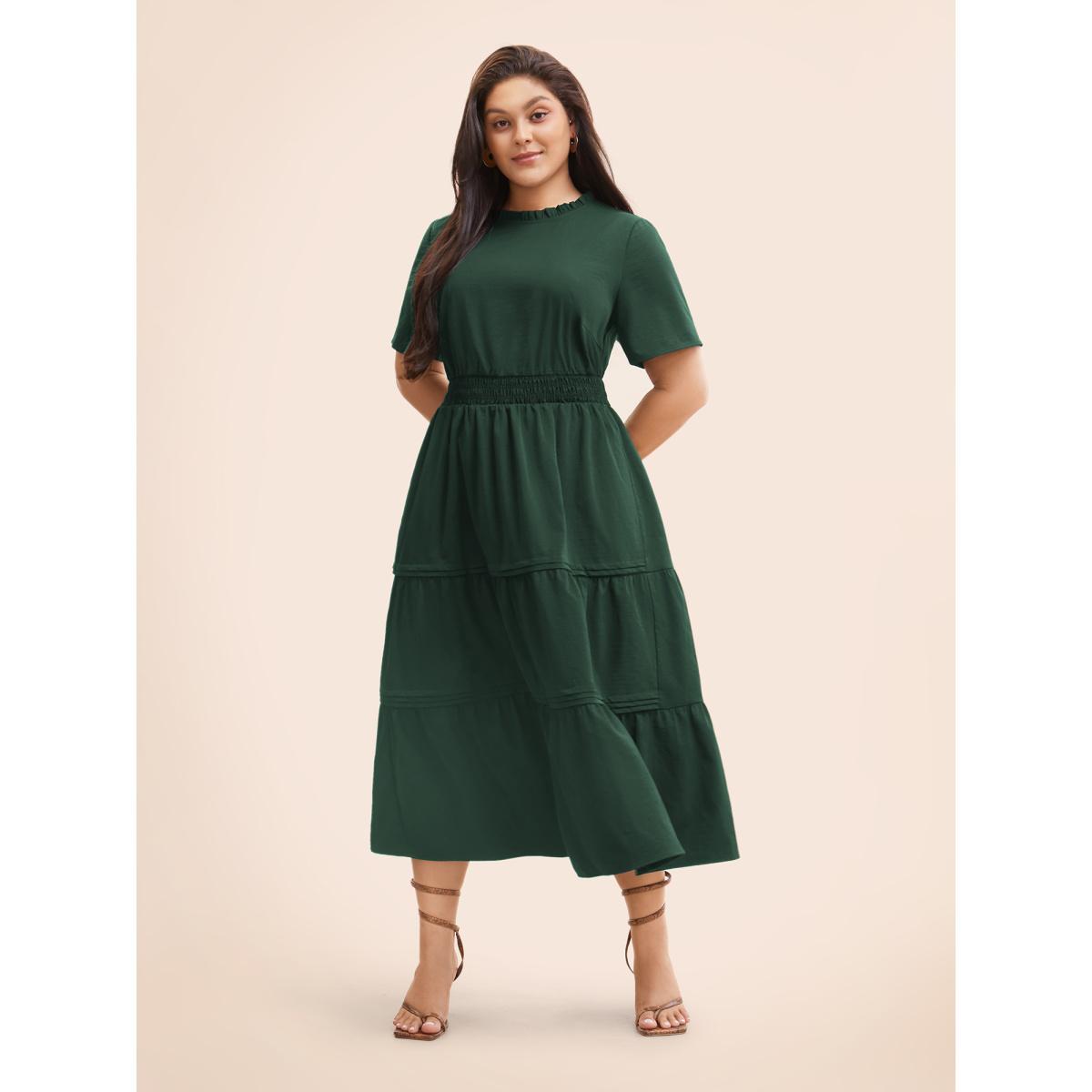 Plus Size Plain Frill Trim Ruffle Layered Hem Dress Cyan Women Resort Tucked seam Mock Neck Short sleeve Curvy BloomChic 18-20/2X Product Image
