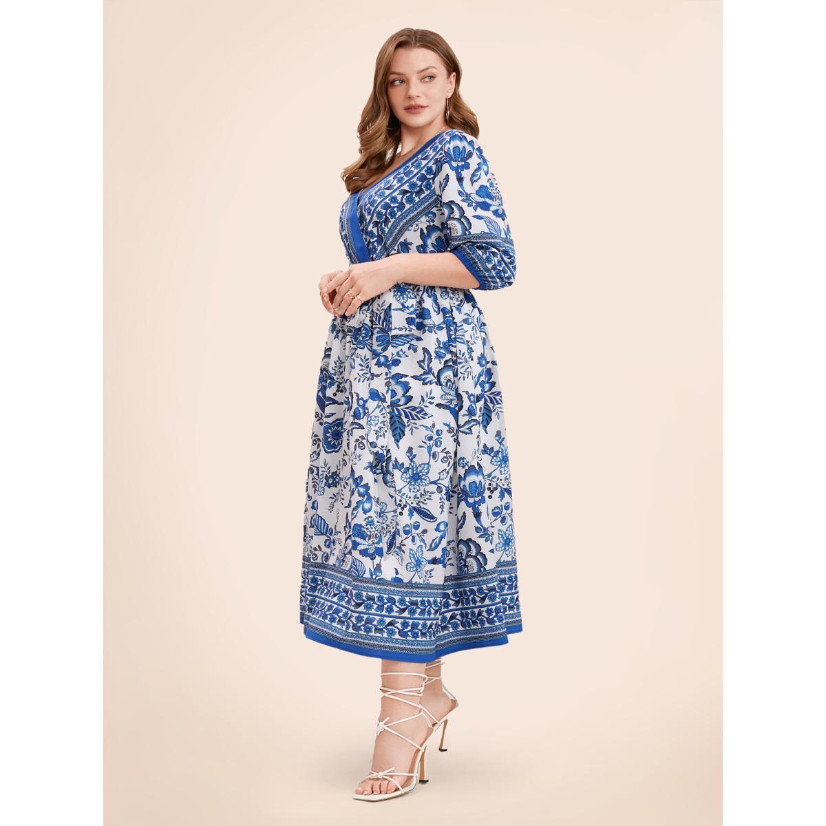 Plus Size Bandana Print Surplice Neck Lantern Sleeve Pocket Belted Midi Dress Blue Women Resort Non V-neck Half Sleeve Curvy Midi Dress BloomChic 18-20/2X Product Image