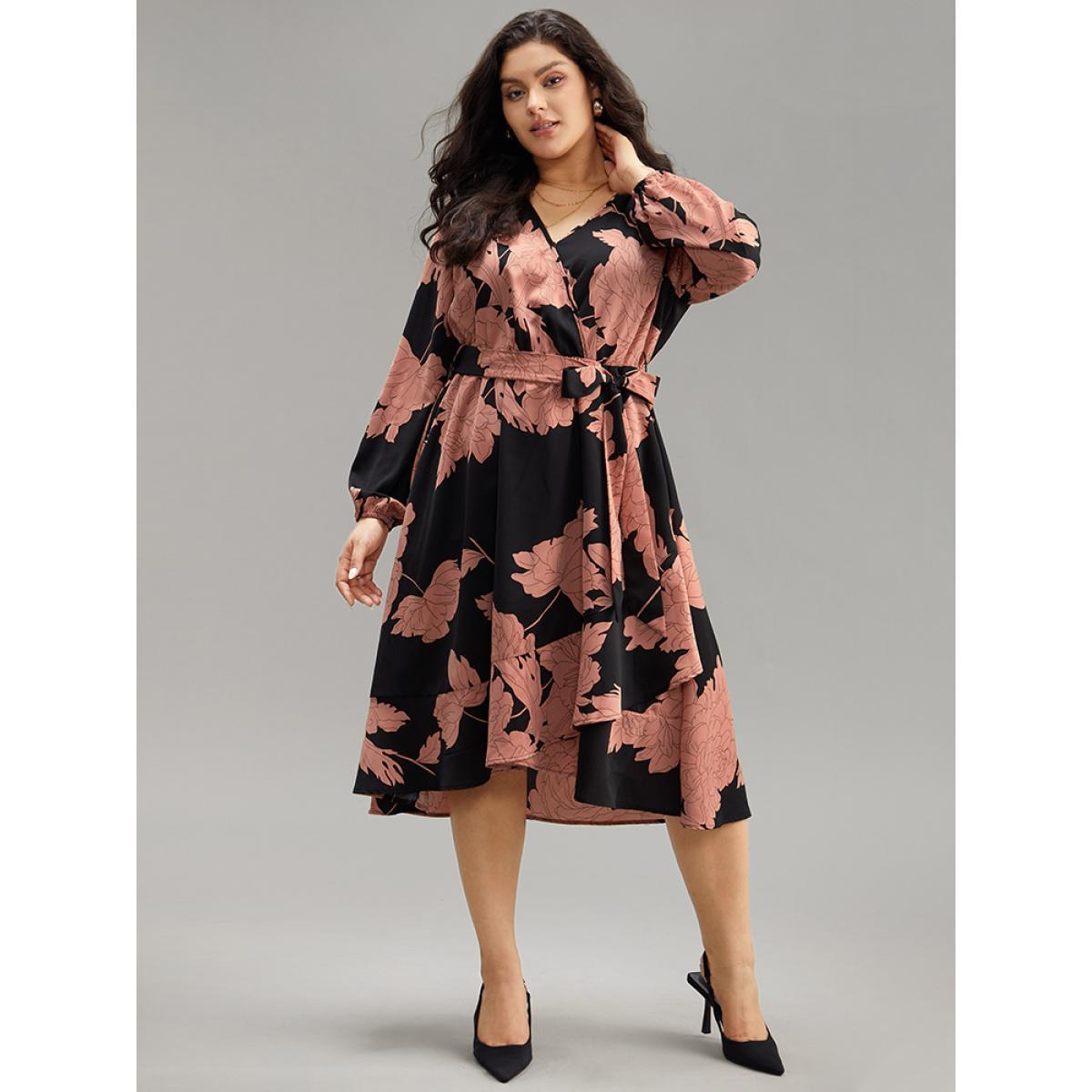 Plus Size Floral Print Belted Wrap Hem Midi Dress Black Women Elegant Elastic cuffs Overlap Collar Long Sleeve Curvy Midi Dress BloomChic 18-20/2X Product Image