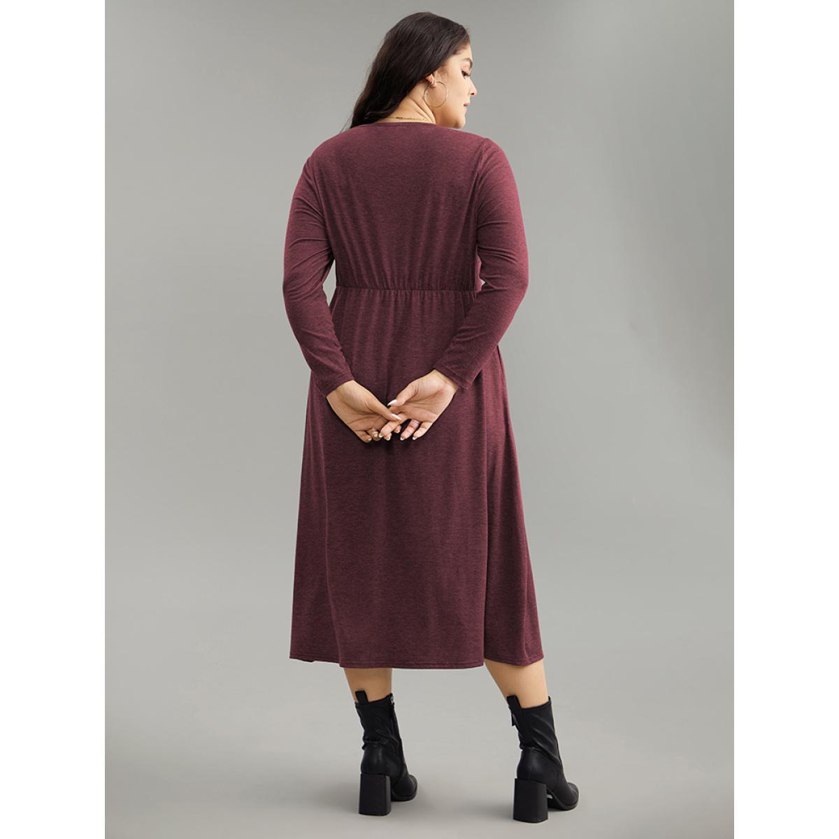Plus Size Solid Button Up Pocket Dress Maroon Women Basics Non Round Neck Long Sleeve Curvy Midi Dress BloomChic 22-24/3X Product Image