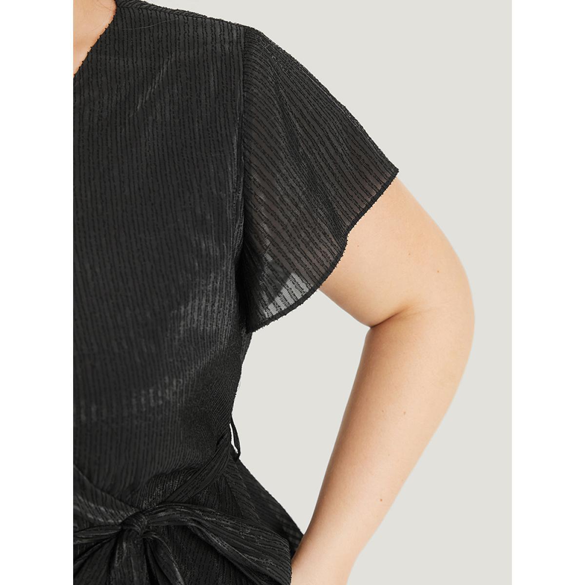 Plus Size Black Plain Plisse Surplice Neck Belted Flutter Blouse Women Elegant Short sleeve V-neck Dailywear Blouses BloomChic 14-16/1X Product Image