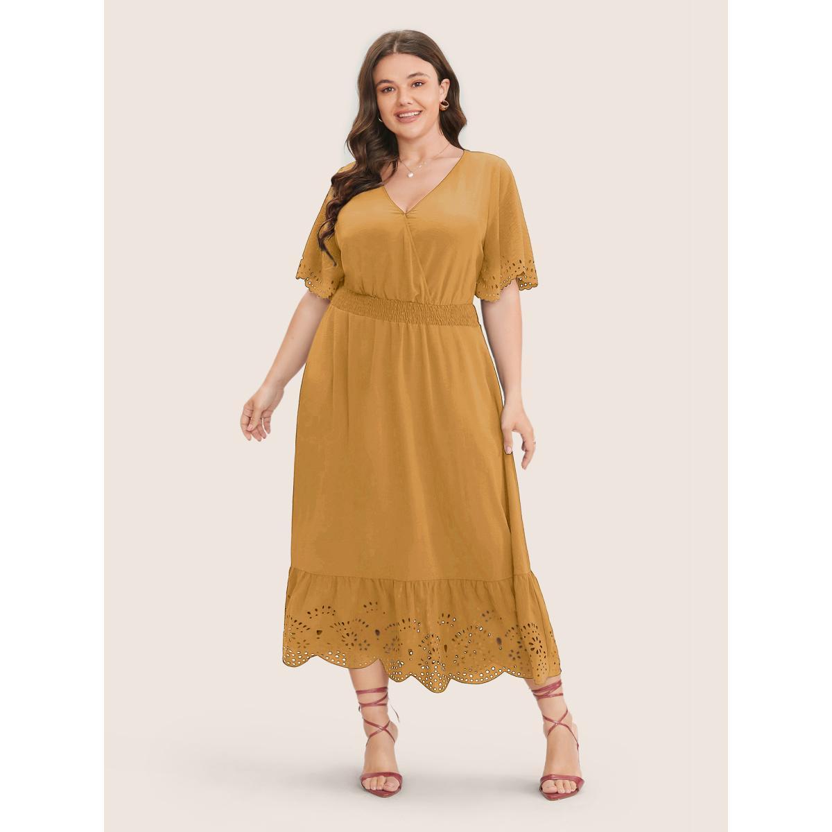 Plus Size Solid Laser Cut Shirred Pocket Wrap Scalloped Trim Flutter Dress Yellow Women Elegant Non V-neck Short sleeve Curvy Midi Dress BloomChic 10/M Product Image