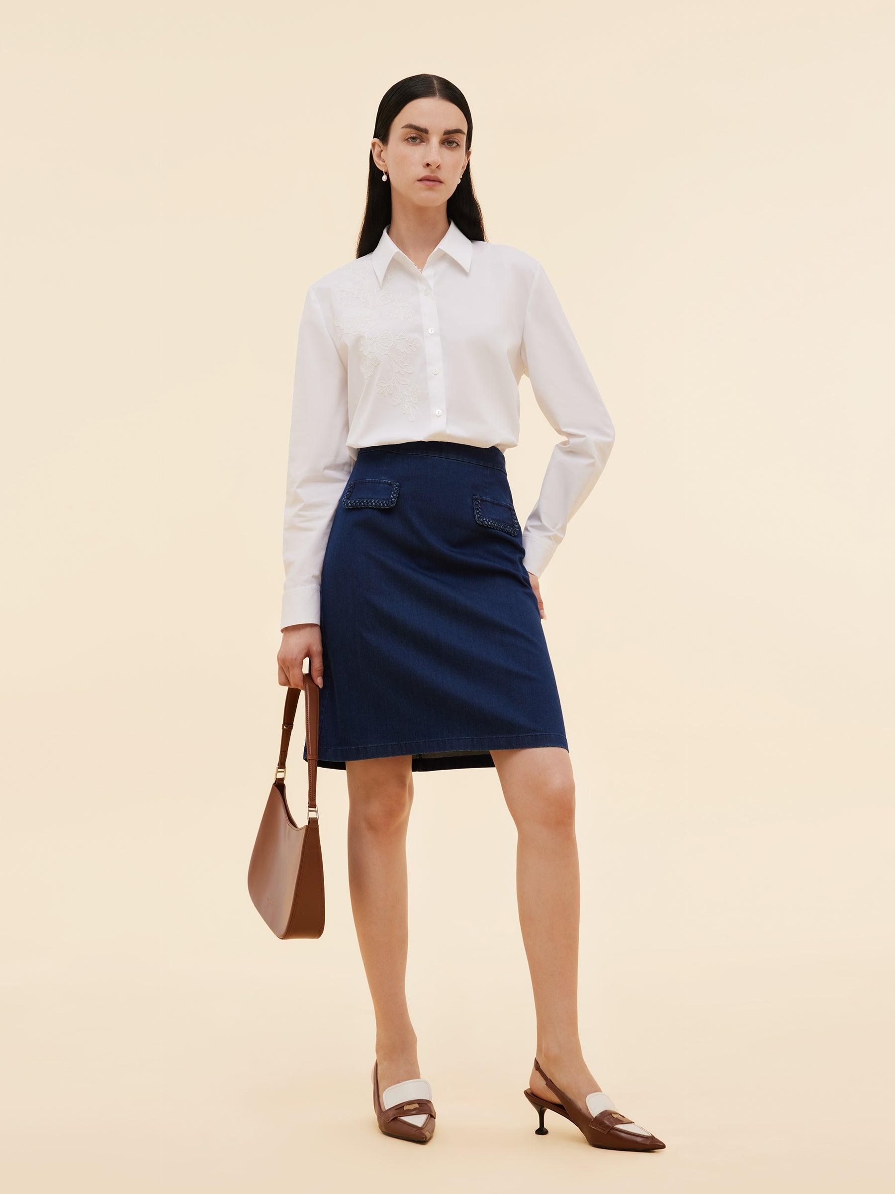 Denim Handwoven Trim Women A-Line Skirt Product Image