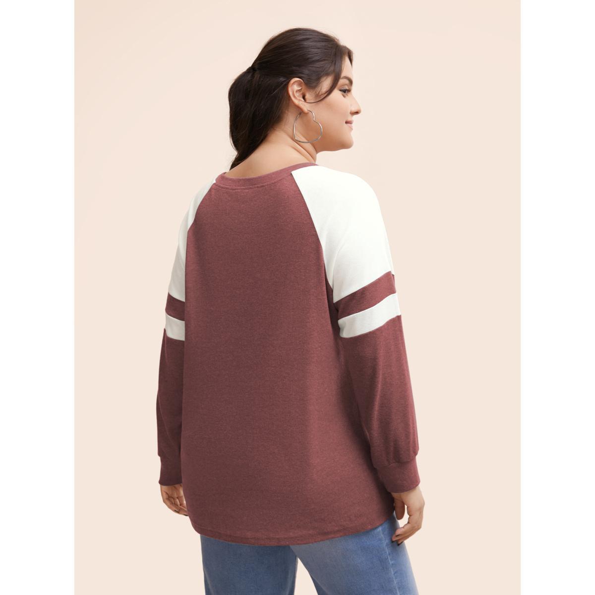 Plus Size Colorblock Contrast Stitch Raglan Sleeve T-shirt Russet Women Casual Elastic cuffs Striped Round Neck Dailywear T-shirts BloomChic 12/L Product Image