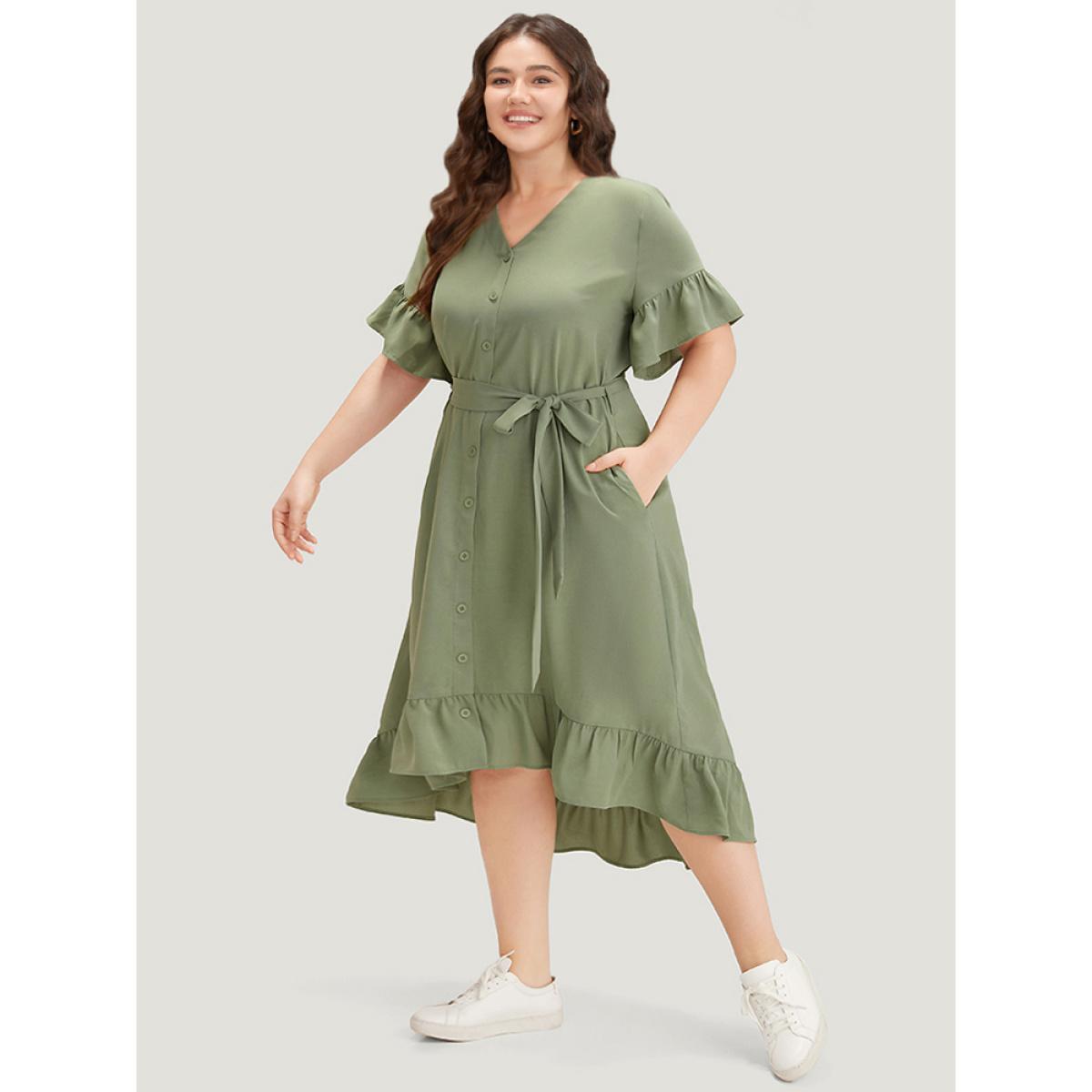 Plus Size Plain Button Through Belted Pocket Flutter Sleeve Dress Mint Women Casual Plain V-neck Short sleeve Curvy Midi Dress BloomChic 28/5X Product Image