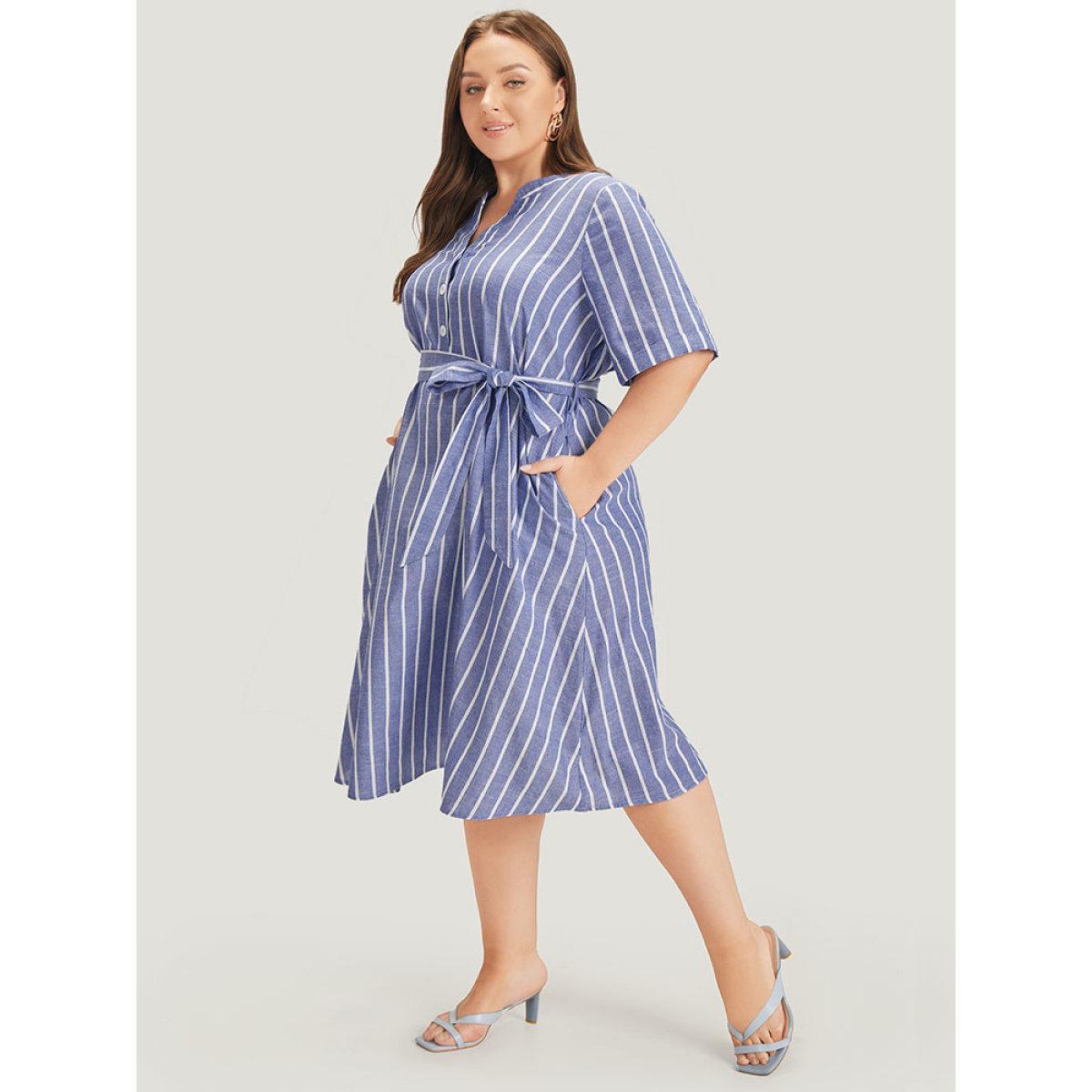 Plus Size Striped Print Belt Pocket Notched Button Up Dress Blue Women Office Cross straps Notched collar Short sleeve Curvy Midi Dress BloomChic 26/4X Product Image