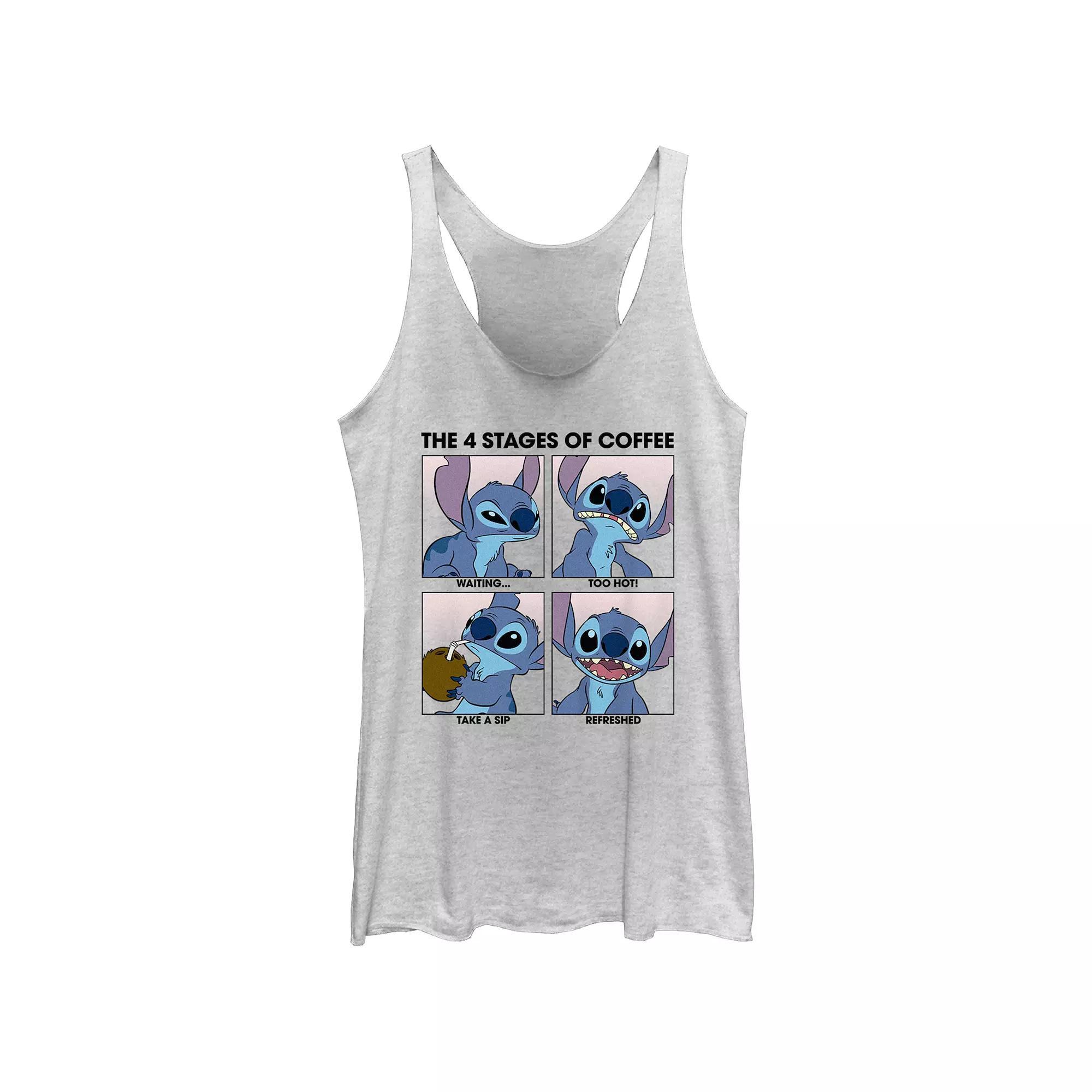 Disney's Lilo & Stitch Juniors' The Four Stages Of Coffee Racerback Graphic Tank, Women's, Size: Large, White Grey Product Image