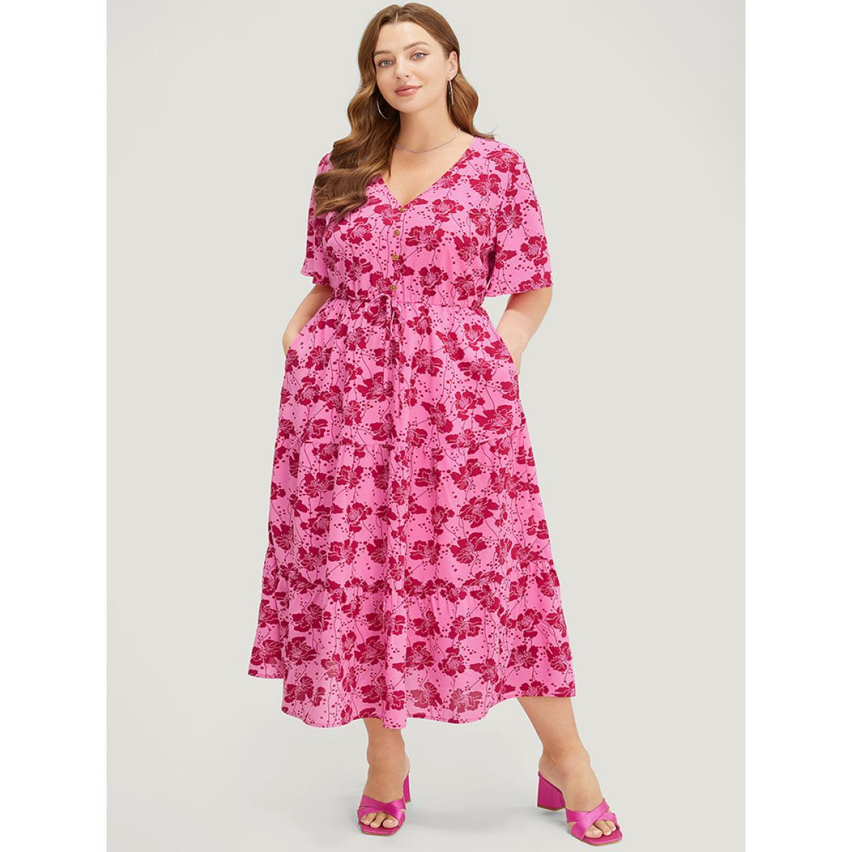 Plus Size Floral Button Detail Pocket Knotted Ruffle Hem Dress Pink Women Elegant Button V-neck Short sleeve Curvy Midi Dress BloomChic 30/6X Product Image