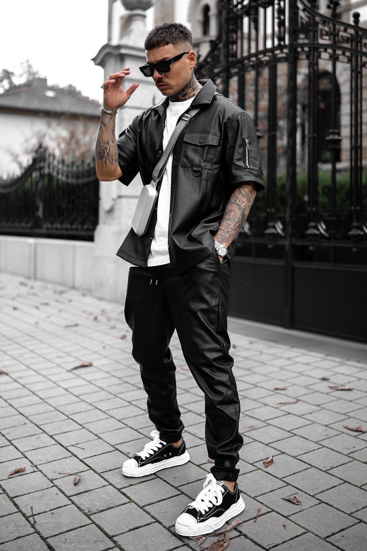 Utility Faux Leather Short Sleeve Button Up Shirt - Black Product Image