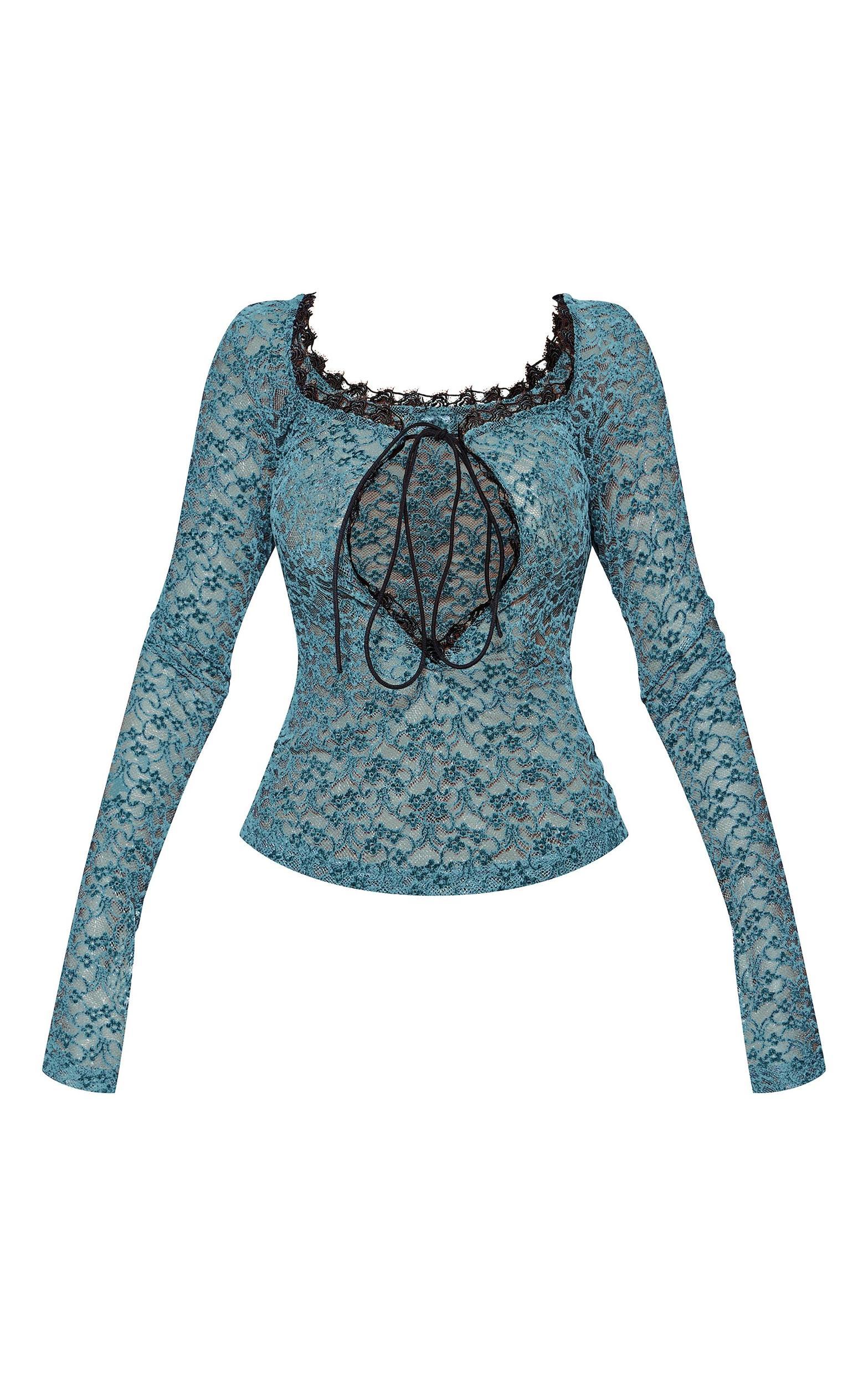Teal Velvet Lace Tie Front Fitted Top Product Image