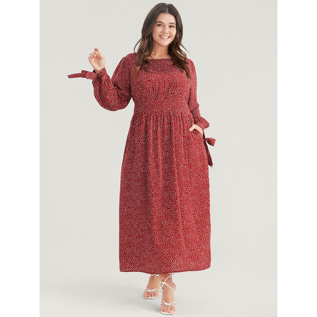 Plus Size Polka Dot Knotted Sleeve Pocket Shirred Split Dress Scarlet Women Elegant Cross straps Round Neck Long Sleeve Curvy Midi Dress BloomChic 18-20/2X Product Image