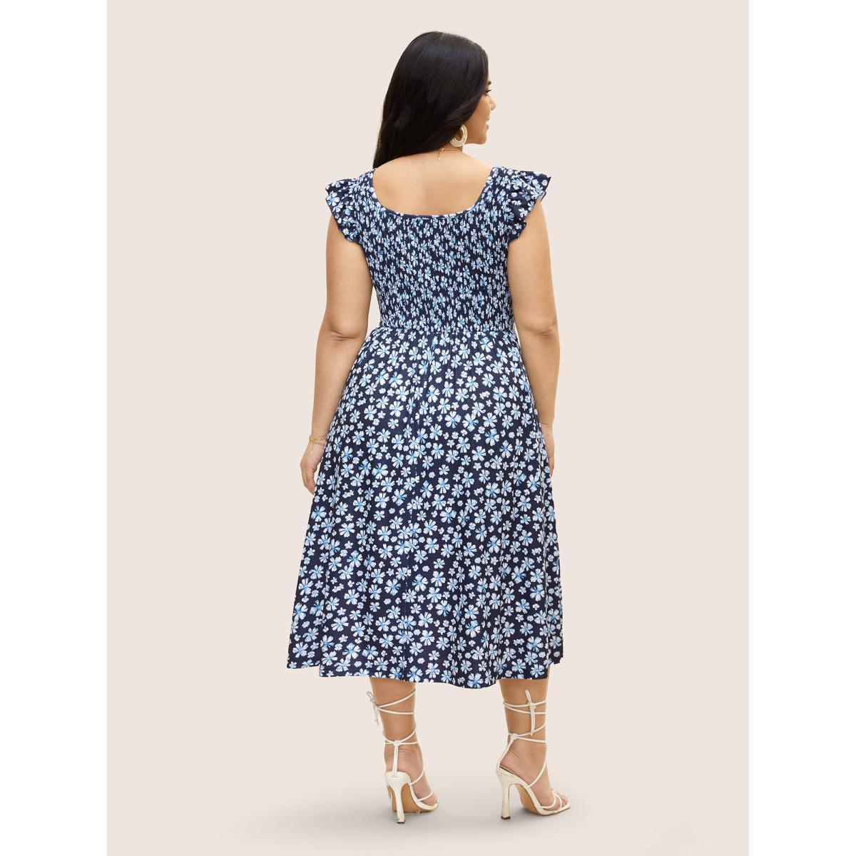 Plus Size Ditsy Floral Shirred Ruffle Trim Midi Dress DarkBlue Women Elegant Shirred Square Neck Cap Sleeve Curvy BloomChic 14-16/1X Product Image