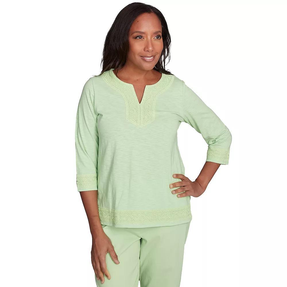 Women's Alfred Dunner Solid Split Neck Lace Trim Top, Size: Large, Palm Green Product Image