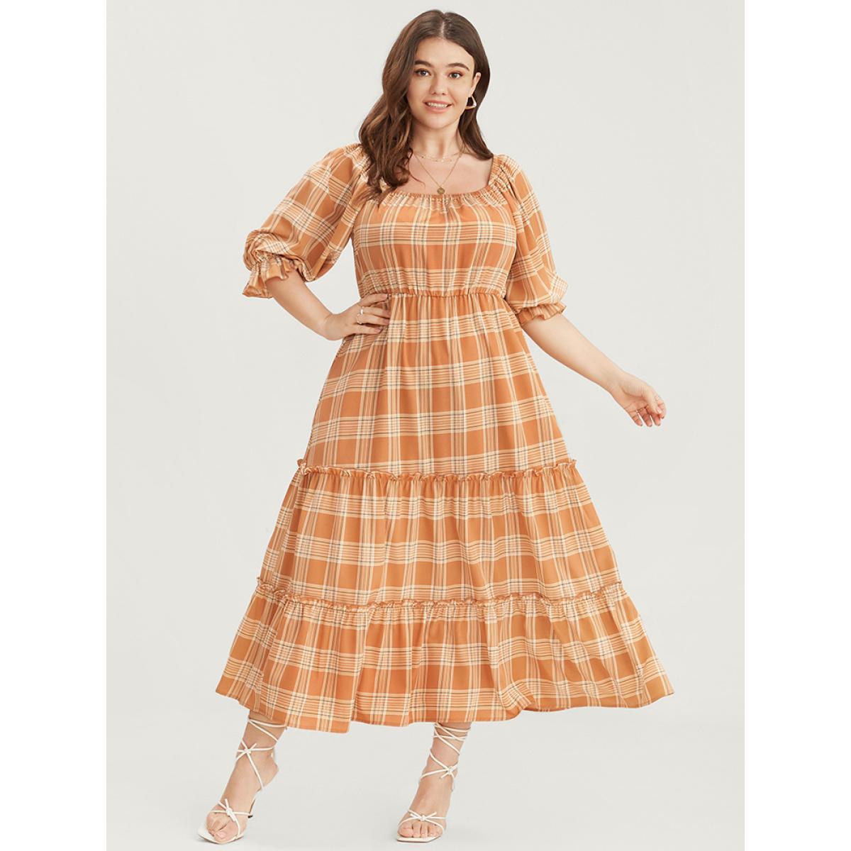 Plus Size Plaid Square Neck Lantern Sleeve Pocket Flutter Dress LightBrown Women Elegant Tiered Square Neck Half Sleeve Curvy Midi Dress BloomChic 14-16/1X Product Image