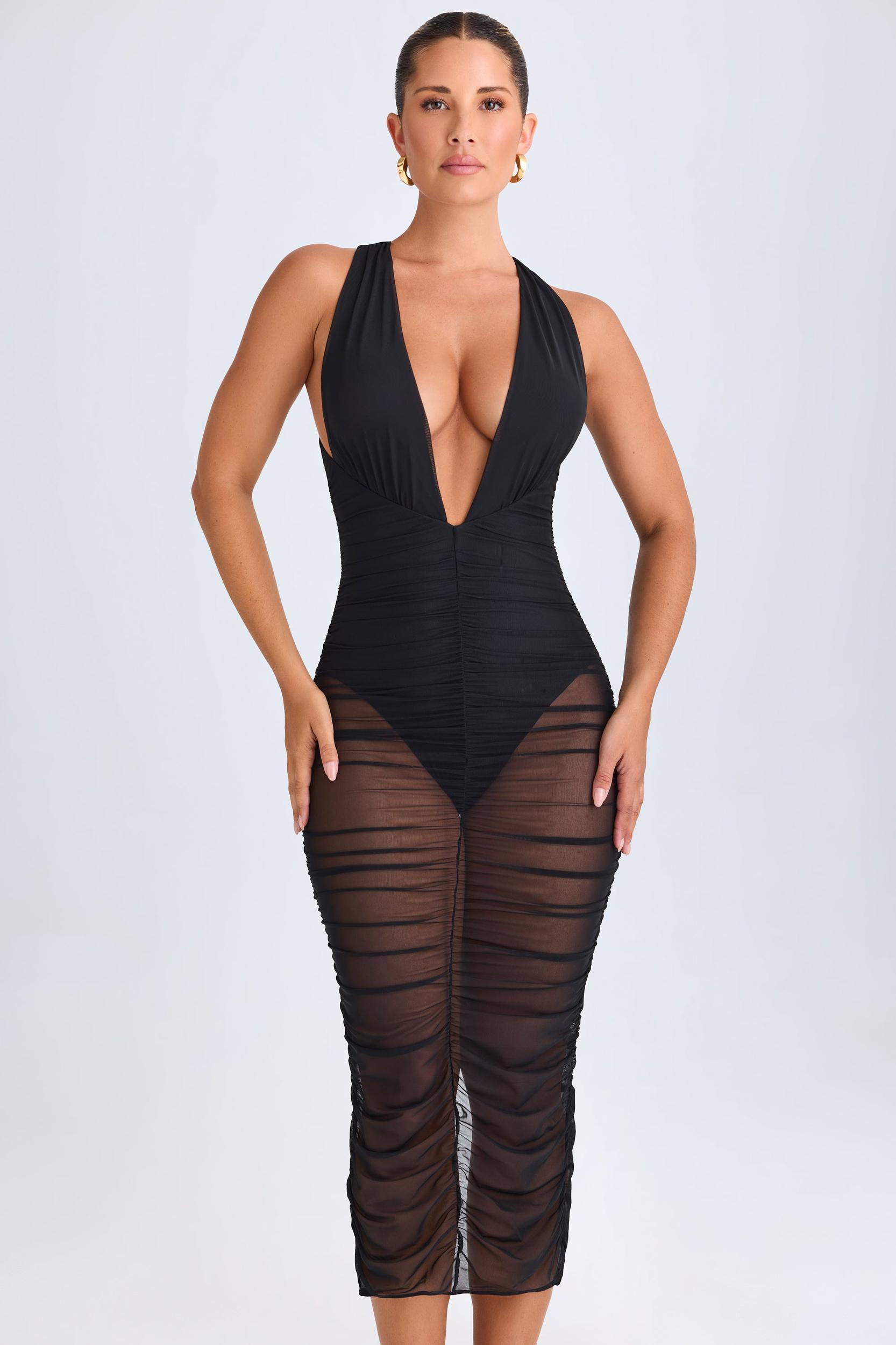 Ruched Plunge Midaxi Dress in Black Product Image