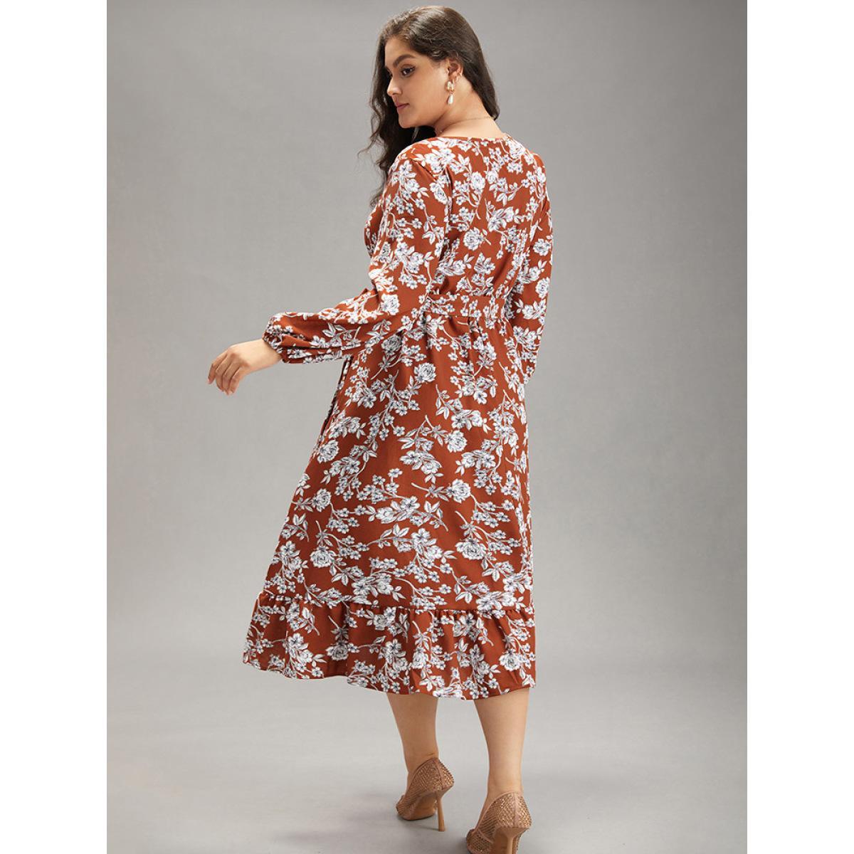 Plus Size Floral Print Elastic Cuffs Ruffle Hem Dress Rust Women Elegant Elastic cuffs V-neck Long Sleeve Curvy Midi Dress BloomChic 26/4X Product Image
