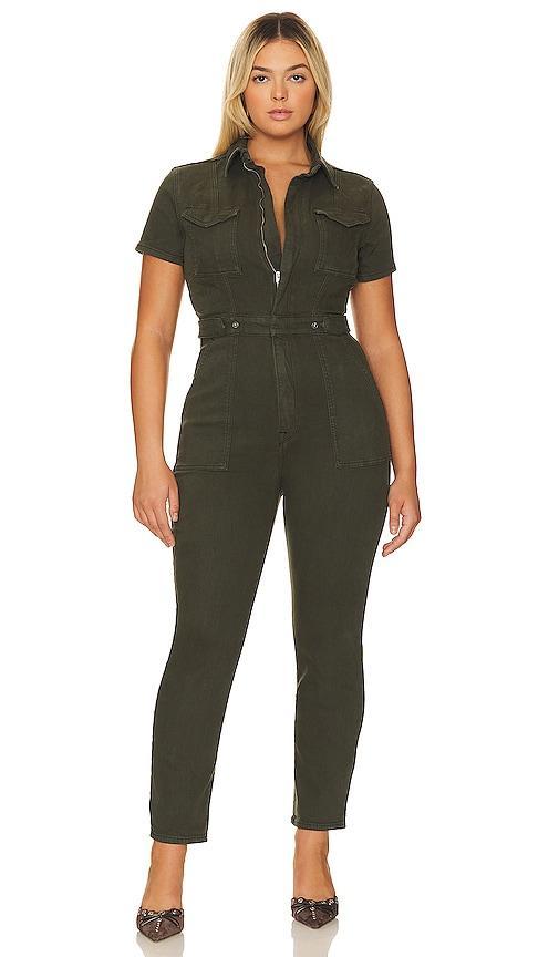 Good American Plus Size Fit For Success Short Sleeve Point Collar Straight Leg Stretch Denim Jumpsuit Product Image