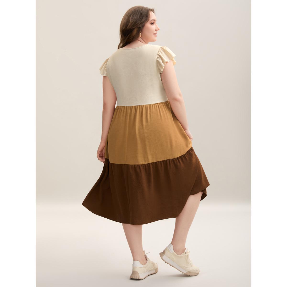 Plus Size Color Block Ruffled Sleeve Tiered Midi Dress LightBrown Women Casual Contrast Round Neck Cap Sleeve Curvy BloomChic 30/6X Product Image