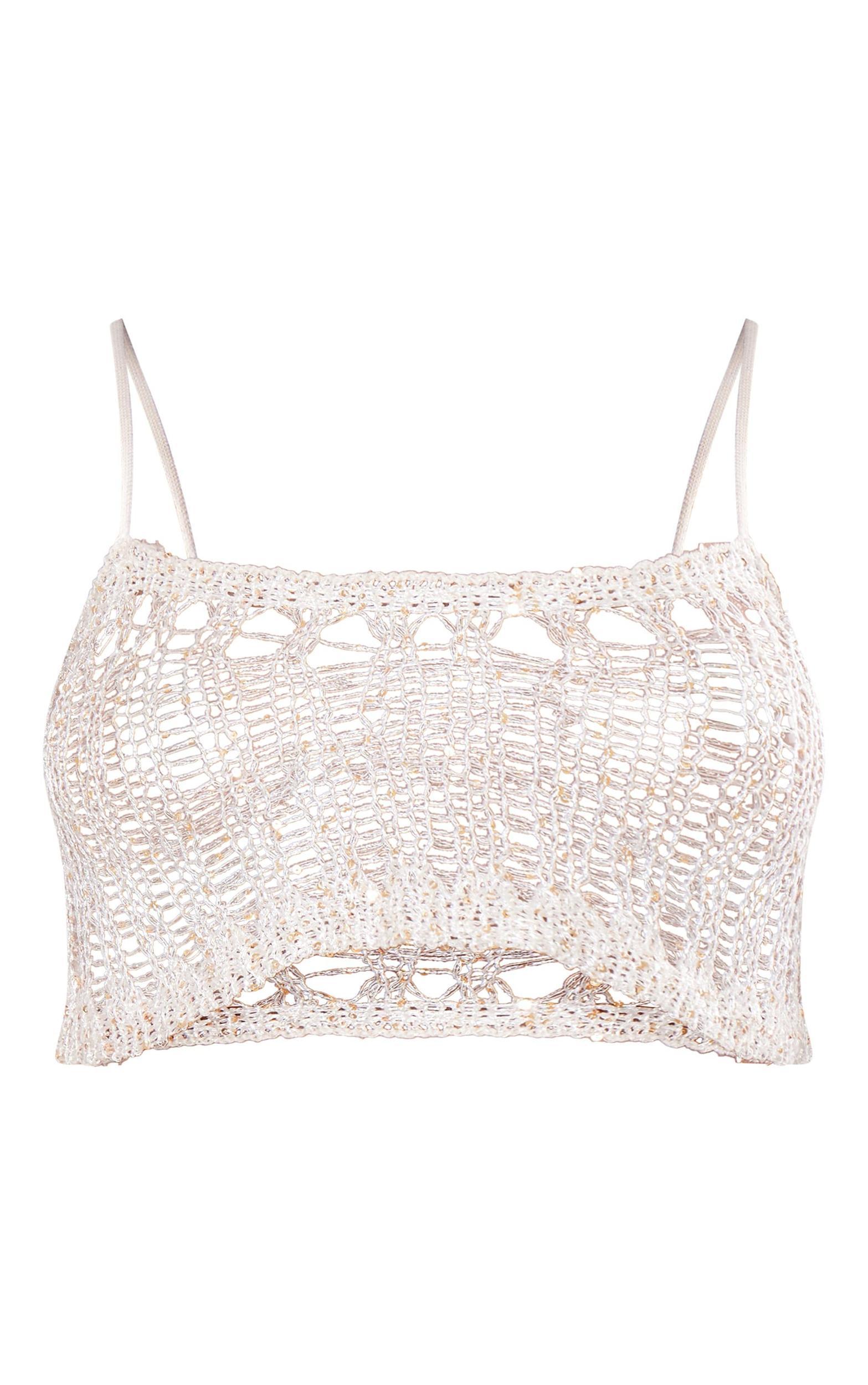 Stone Asymmetric Crochet Sequin Knit Crop Top Product Image