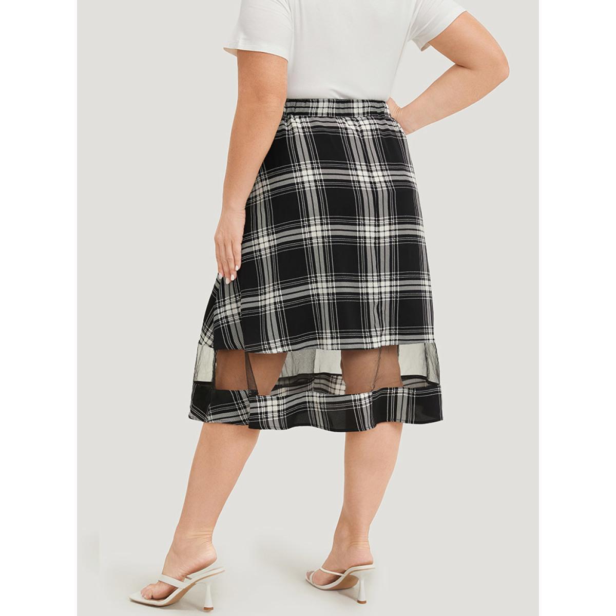 Plus Size Tartan Pocket Mesh Patchwork Elastic Waist Skirt Women Black Office See through No stretch Pocket Work Skirts BloomChic 12/L Product Image