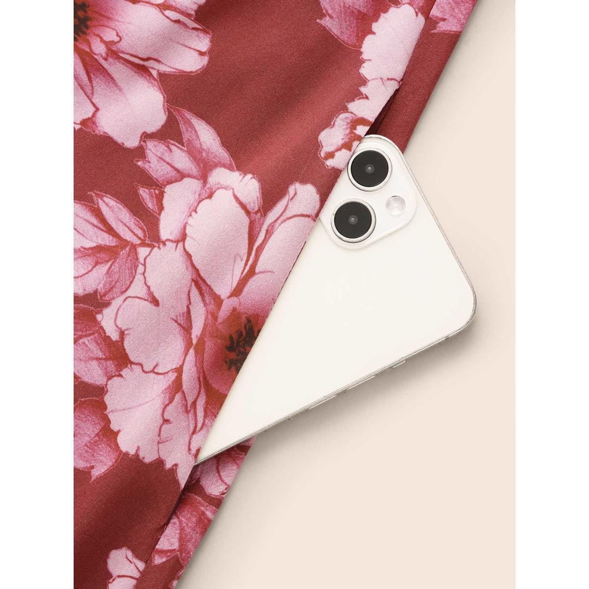Plus Size Floral Overlap Collar Ruffle Trim Dress RedViolet Women Elegant Gathered Overlap Collar Long Sleeve Curvy BloomChic 10/M Product Image