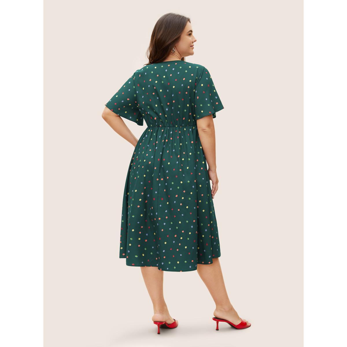 Plus Size Colored Polka Dot Overlap Collar Midi Dress DarkGreen Women Elegant Contrast Overlap Collar Short sleeve Curvy BloomChic 14-16/1X Product Image