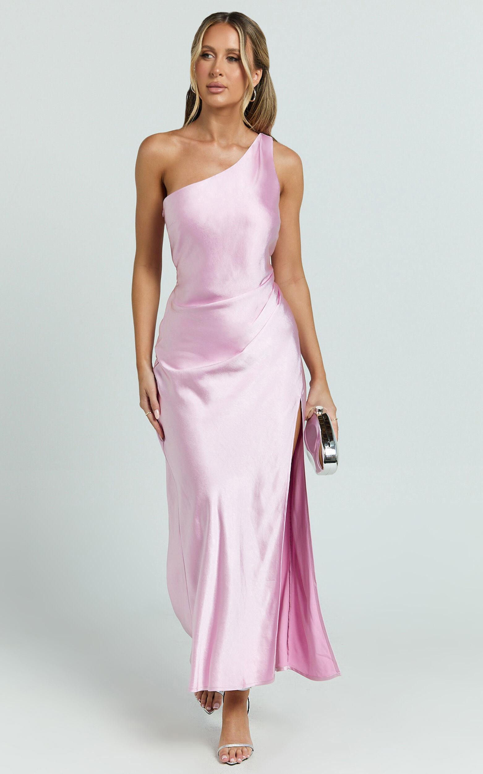 Isla Maxi Dress - Satin One Shoulder Side Split Dress in Pink Product Image