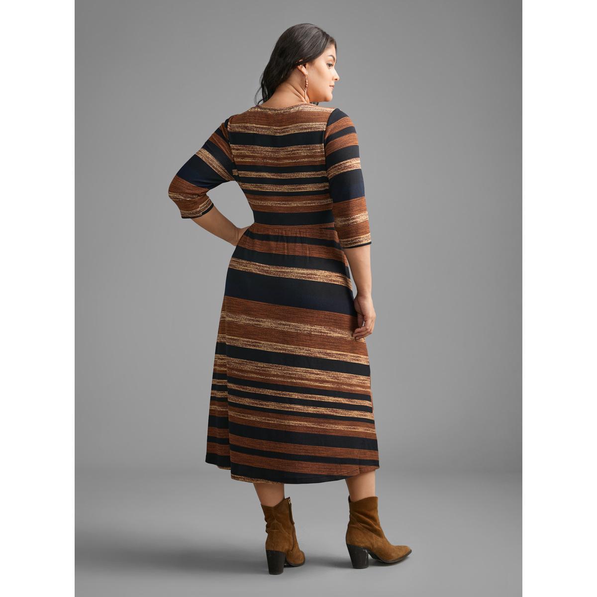 Plus Size Striped Elastic Waist Tie Knot Dress Yellowishbrown Women Resort Tie knot Round Neck Elbow-length sleeve Curvy BloomChic 22-24/3X Product Image