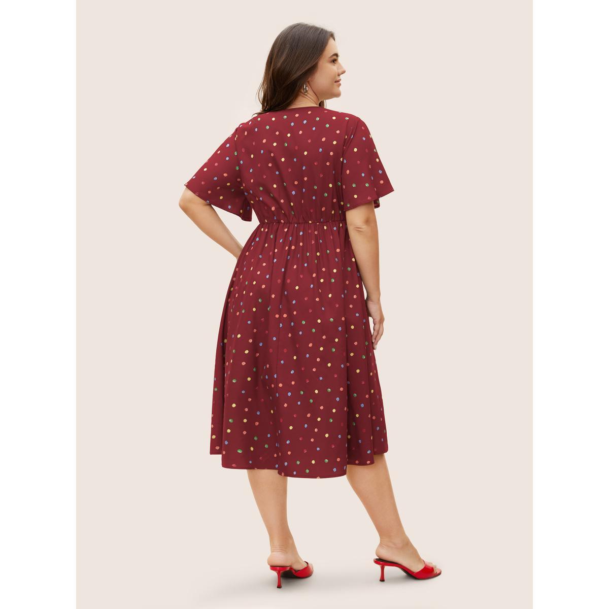 Plus Size Colored Polka Dot Overlap Collar Midi Dress DarkGreen Women Elegant Contrast Overlap Collar Short sleeve Curvy BloomChic 14-16/1X Product Image