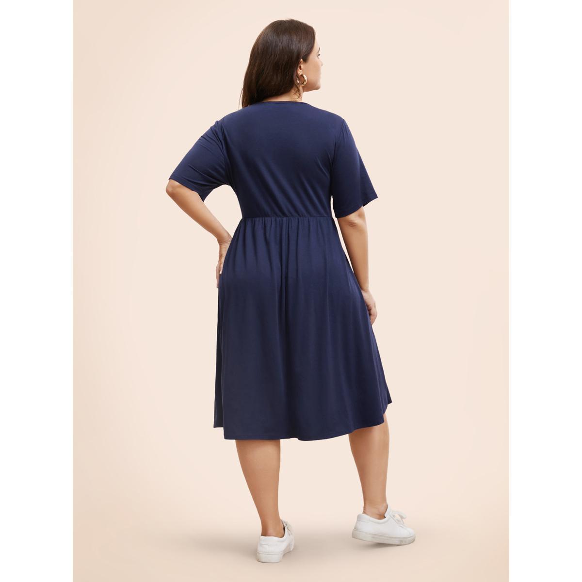 Plus Size Supersoft Essentials Solid Surplice Neck Ruched Front Dress Navy Women Casual Wrap V-neck Short sleeve Curvy Midi Dress BloomChic 18-20/2X Product Image