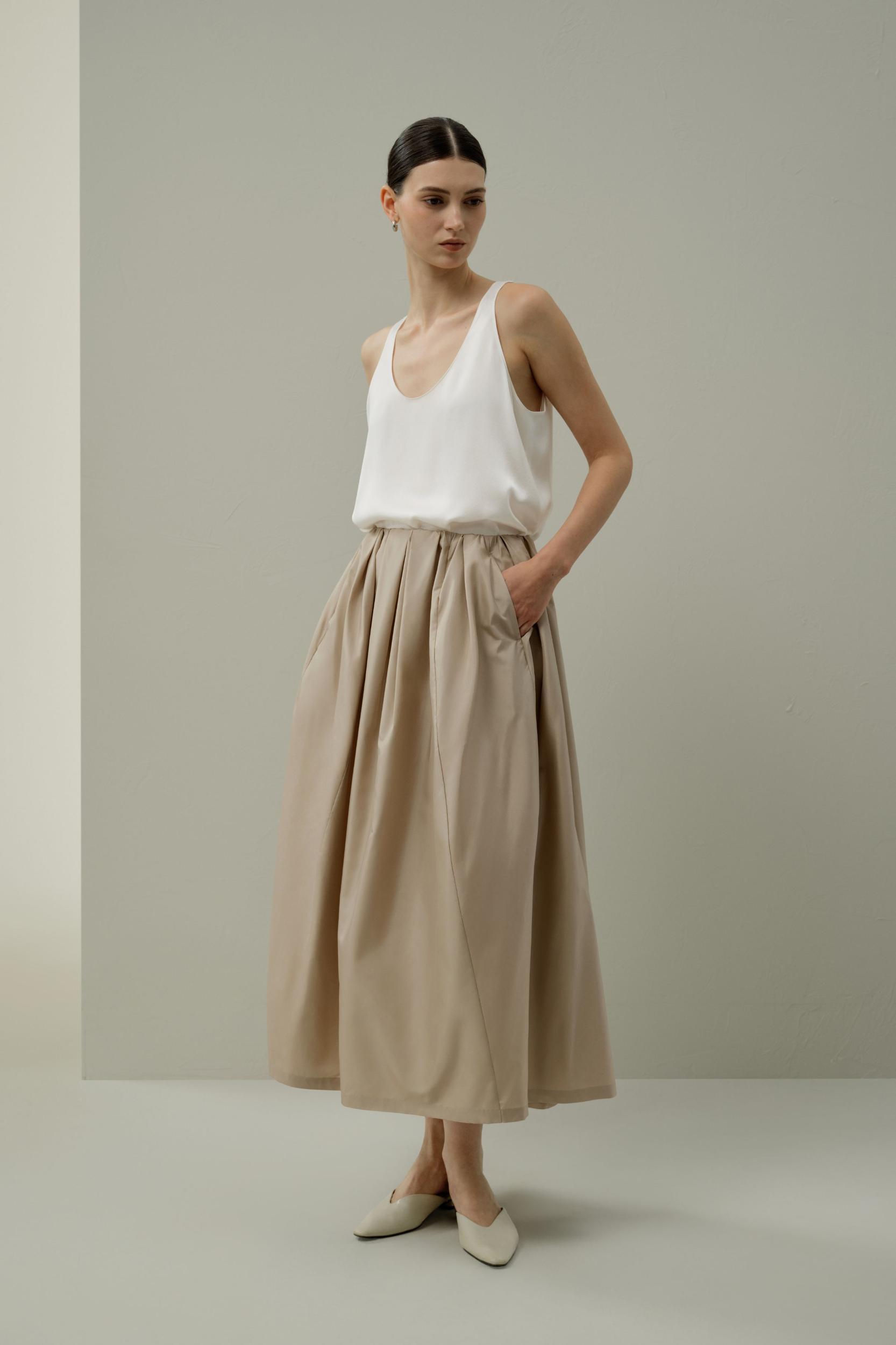 Waist-Pleated Silk Taffeta Skirt Product Image