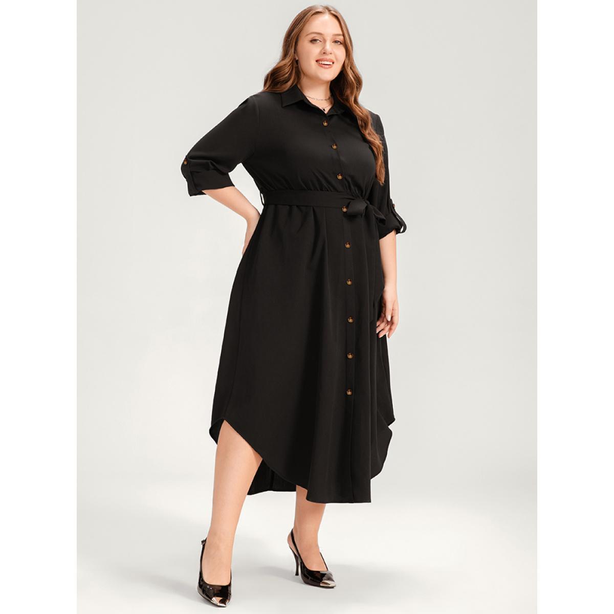 Plus Size Solid Shirt Collar Button Up Belted Arc Hem Dress Black Women Office Belted Shirt collar Long Sleeve Curvy Midi Dress BloomChic 26/4X Product Image
