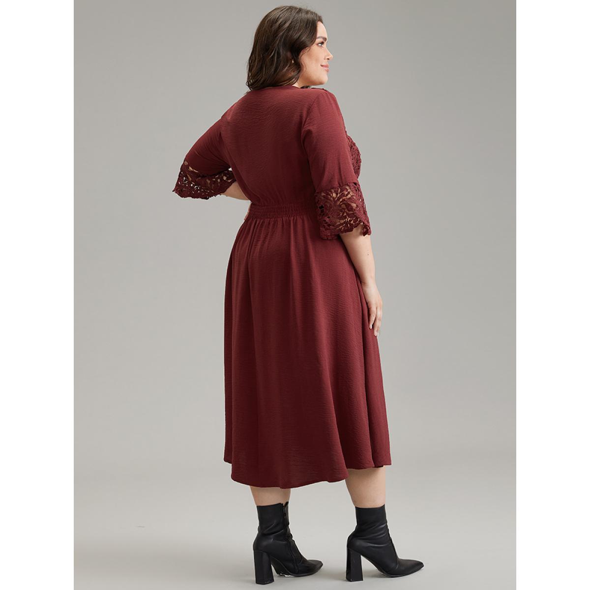 Plus Size Geometric Shirred Lace Patchwork Bell Sleeve Dress Scarlet Women Elegant Plain V-neck Elbow-length sleeve Curvy Midi Dress BloomChic 12/L Product Image