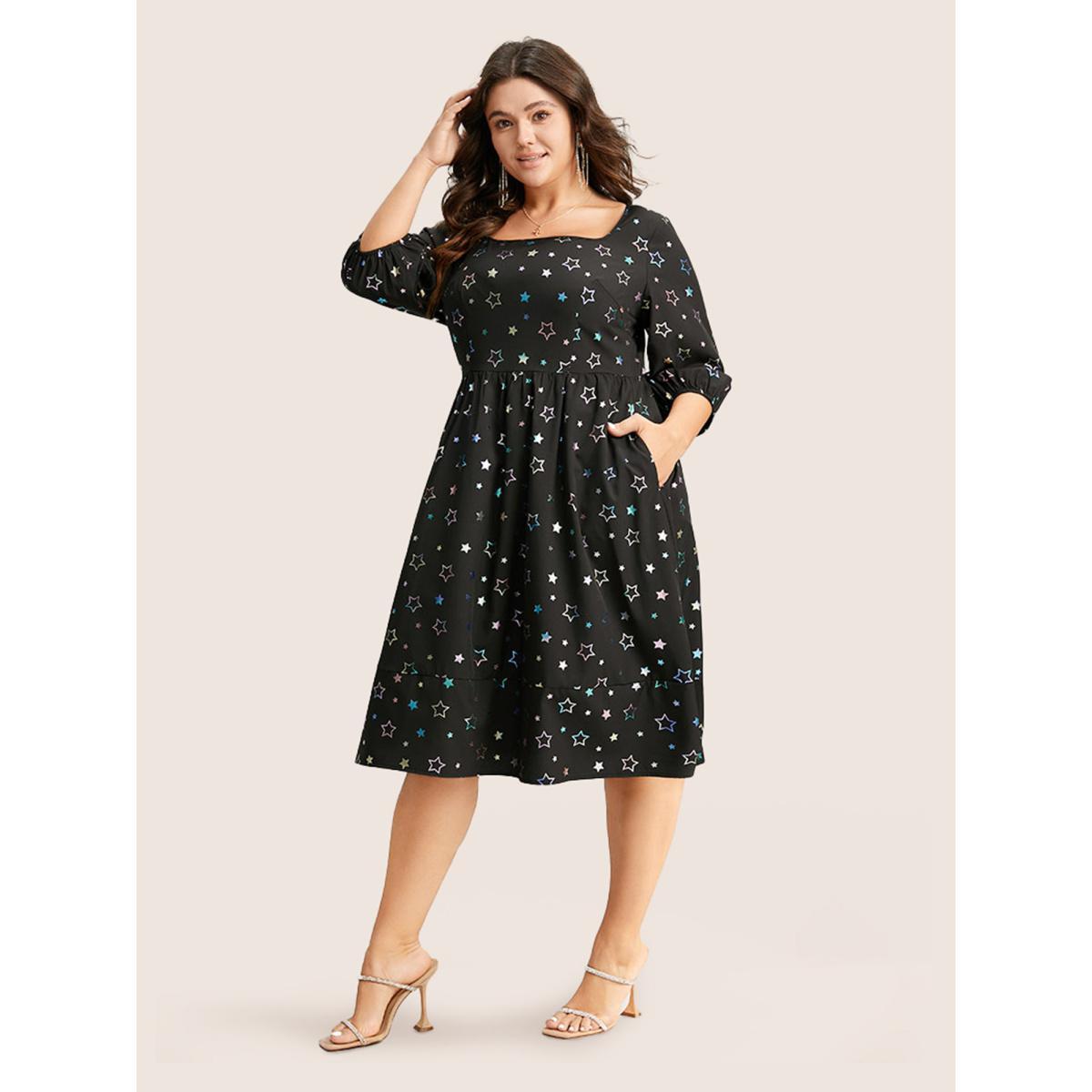 Plus Size Heart Glitter Square Neck Lantern Sleeve Dress Black Women Cocktail Elastic cuffs Square Neck Half Sleeve Curvy Midi Dress BloomChic 26/4X Product Image