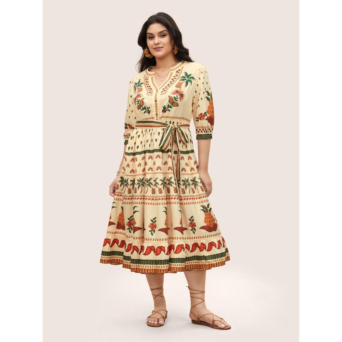 Plus Size Boho Print Notched Collar Patchwork Belted Dress Apricot Women Resort Non Notched collar Elbow-length sleeve Curvy Midi Dress BloomChic 14-16/1X Product Image