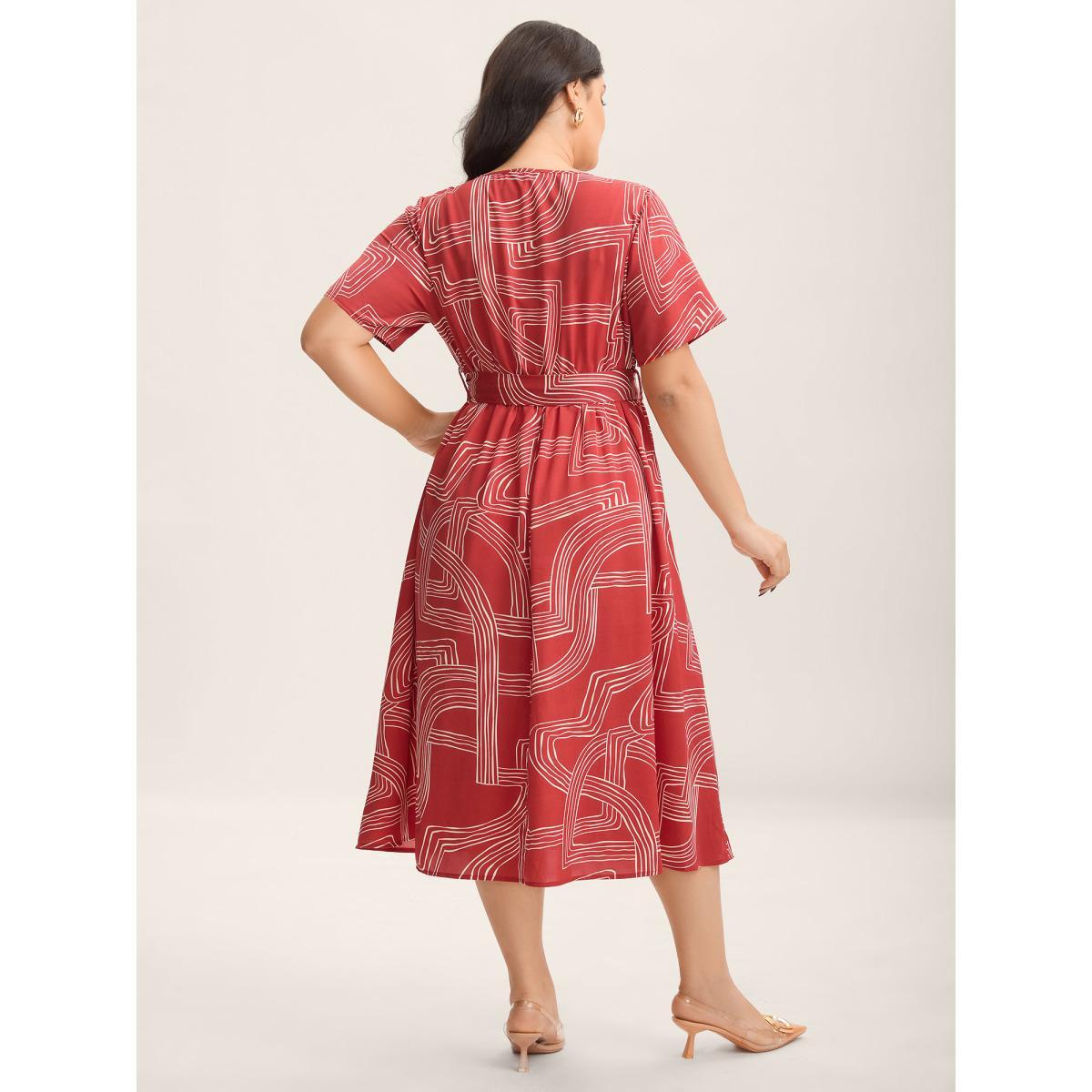 Plus Size Geometric Print Belted Pockets Midi Dress Maroon Women Notched collar Short sleeve Curvy BloomChic 14-16/1X Product Image