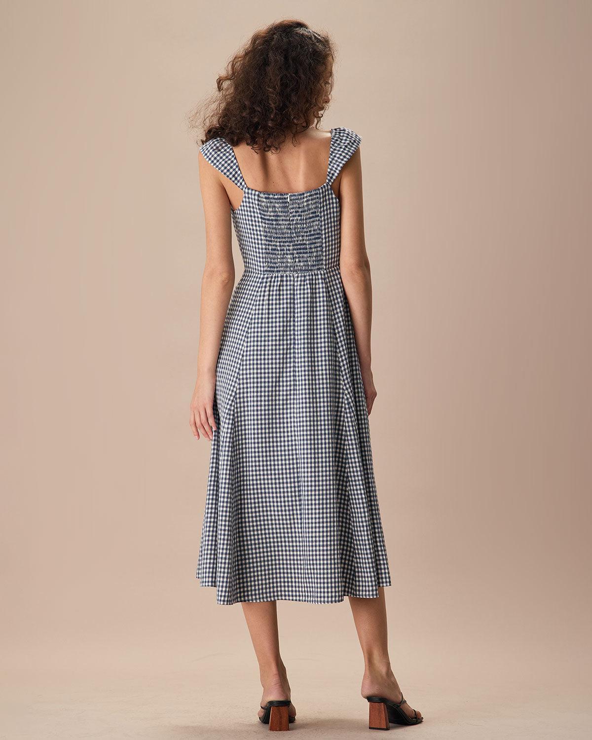 The Navy Plaid Shirred Back Midi Dress Product Image