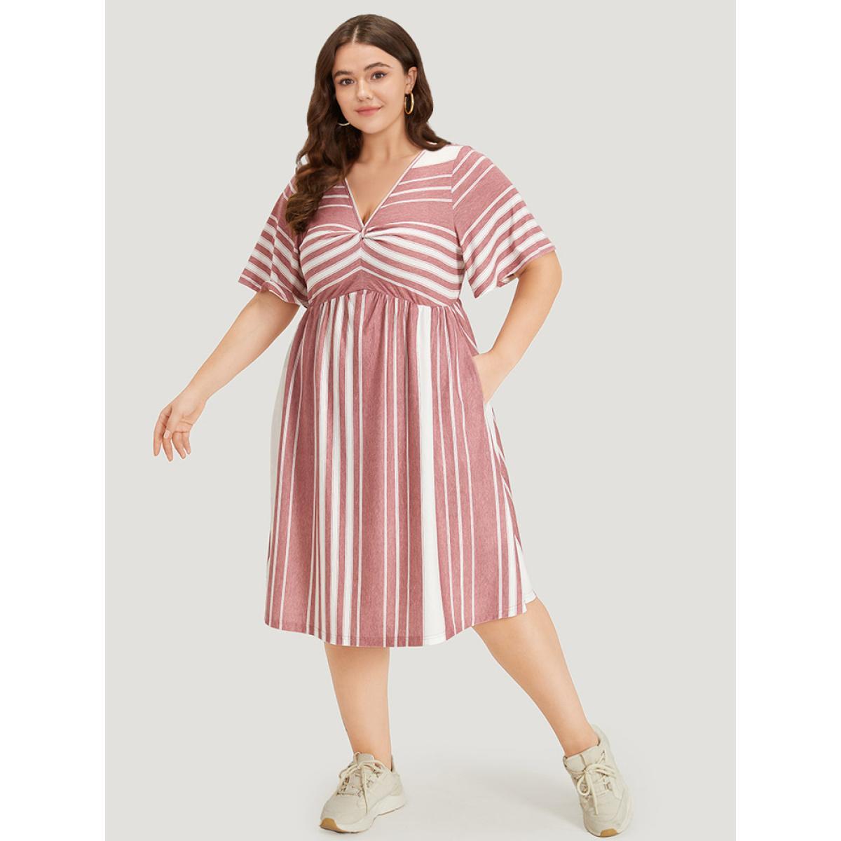 Plus Size Striped Print Pocket Twist Front Dress DustyPink Women Casual Elastic Waist V-neck Short sleeve Curvy Midi Dress BloomChic 12/L Product Image