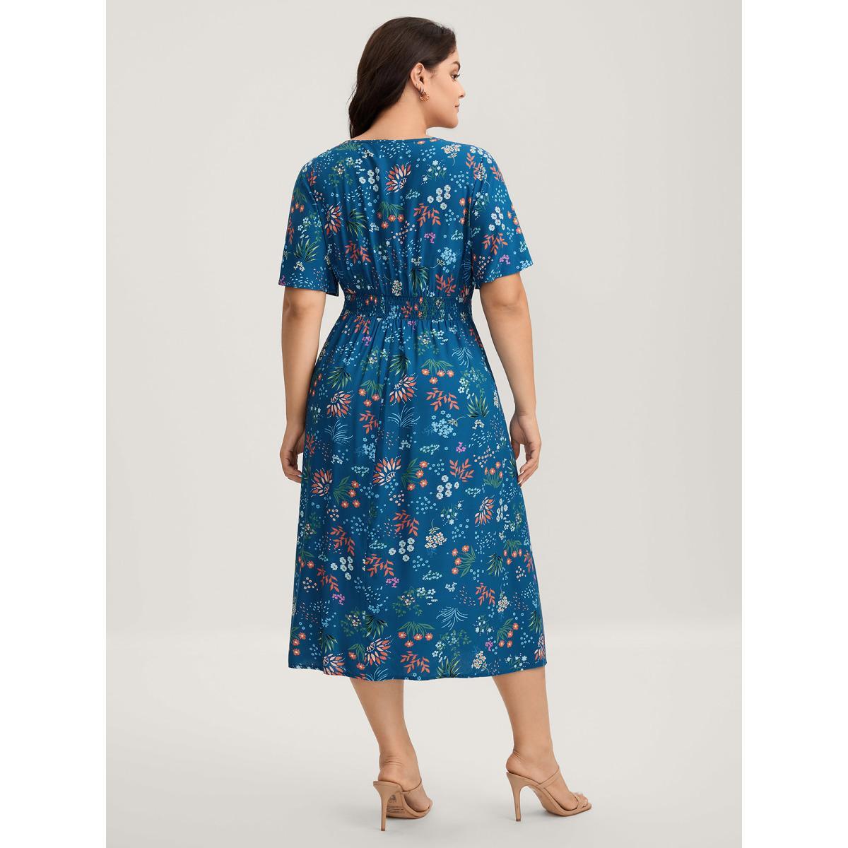 Plus Size Rayon Playful Floral Shirred Midi Dress Mediumblue Women Notched collar Short sleeve Curvy BloomChic 30/6X Product Image