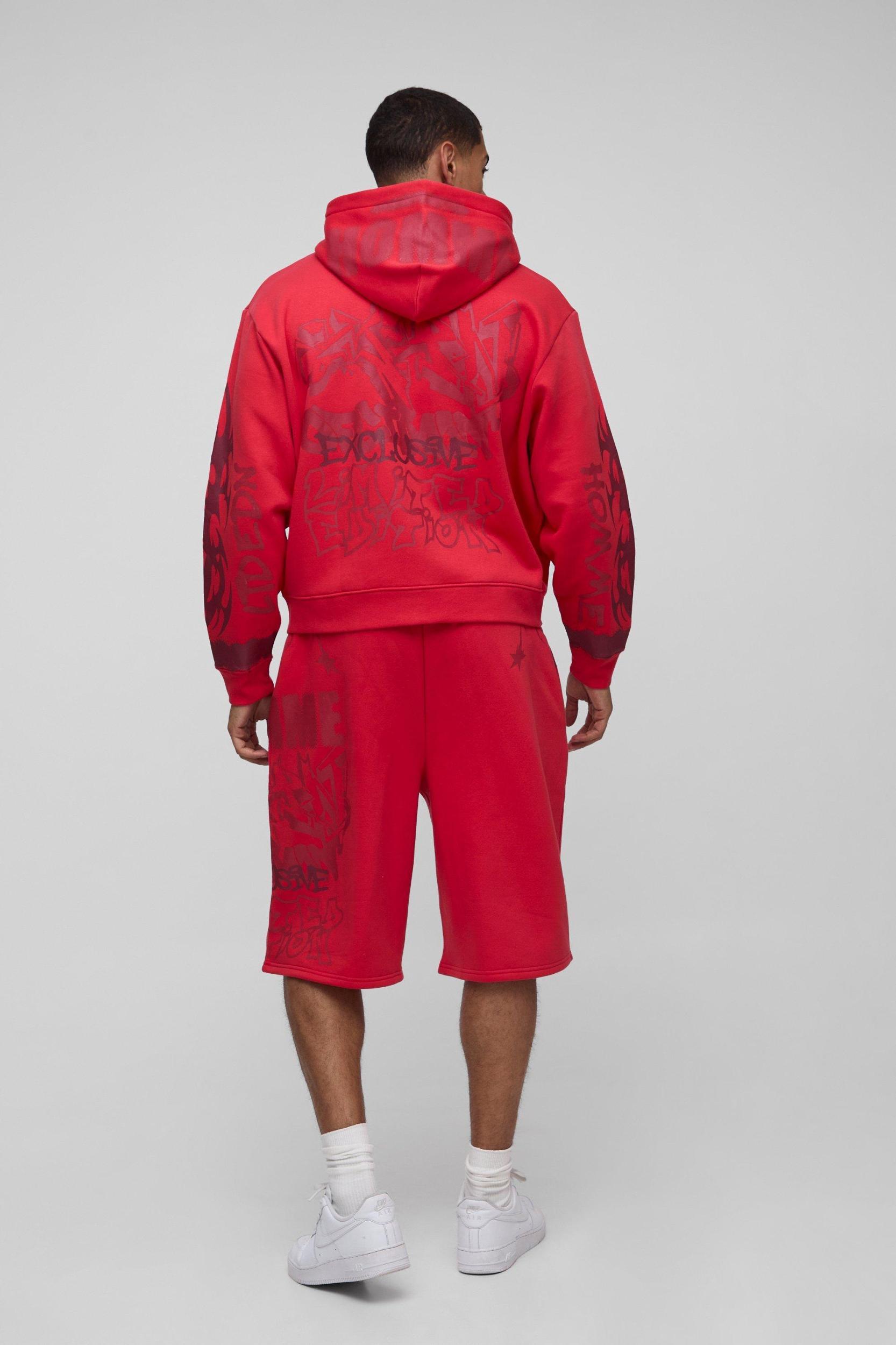 Oversized Boxy All Over Print Jort Zip Through Tracksuit | boohooMAN USA Product Image