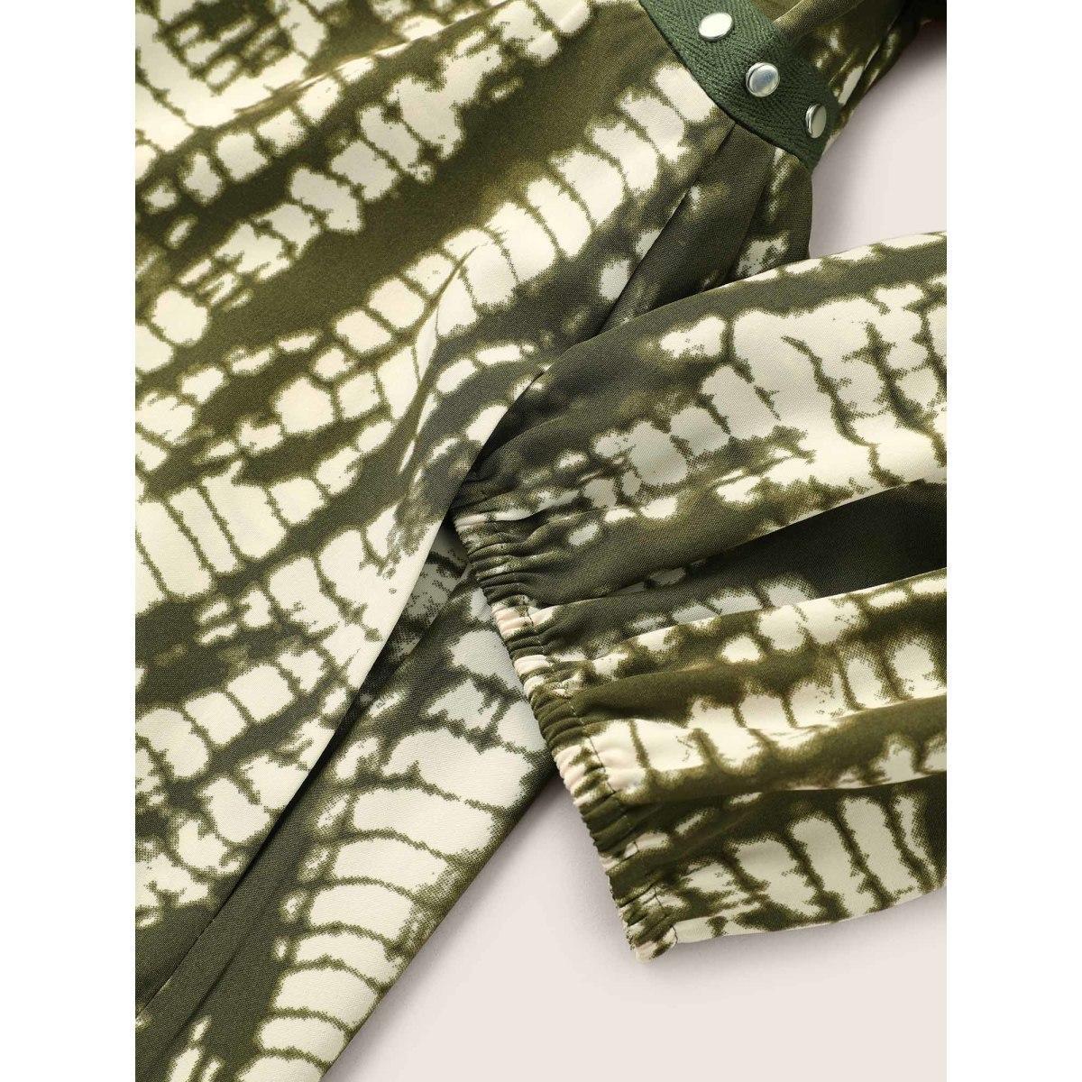 Plus Size Tie Dye Elastic Waist Patchwork Metal Detail Dress ArmyGreen Women Resort Non V-neck Elbow-length sleeve Curvy Midi Dress BloomChic 14-16/1X Product Image