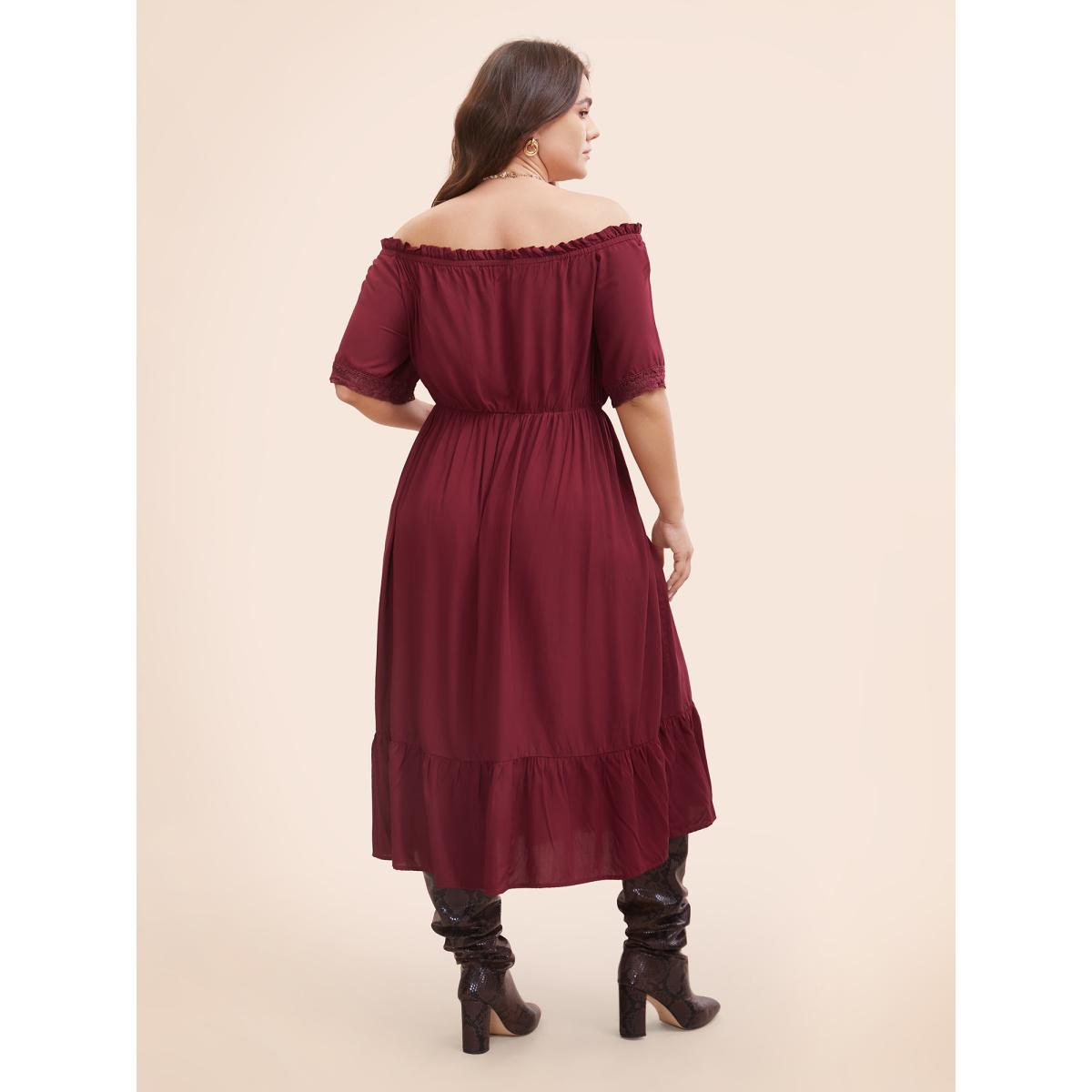 Plus Size Plain Off Shoulder Lace Trim Ruffle Hem Dress Burgundy Women Resort Woven ribbon&lace trim One-shoulder neck Half Sleeve Curvy BloomChic 30/6X Product Image